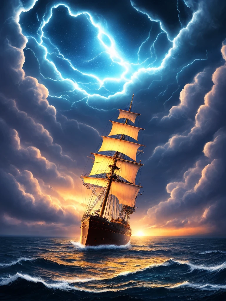The ship is in the center of the ocean, dark night, violent storms, HD, mermaid, orange thunder background, best quality, some rocks around, rocks, best ship, mermaid on ocean, best mermaid, 16k, big ship, ship close to camera, Birds fly around, birdsi