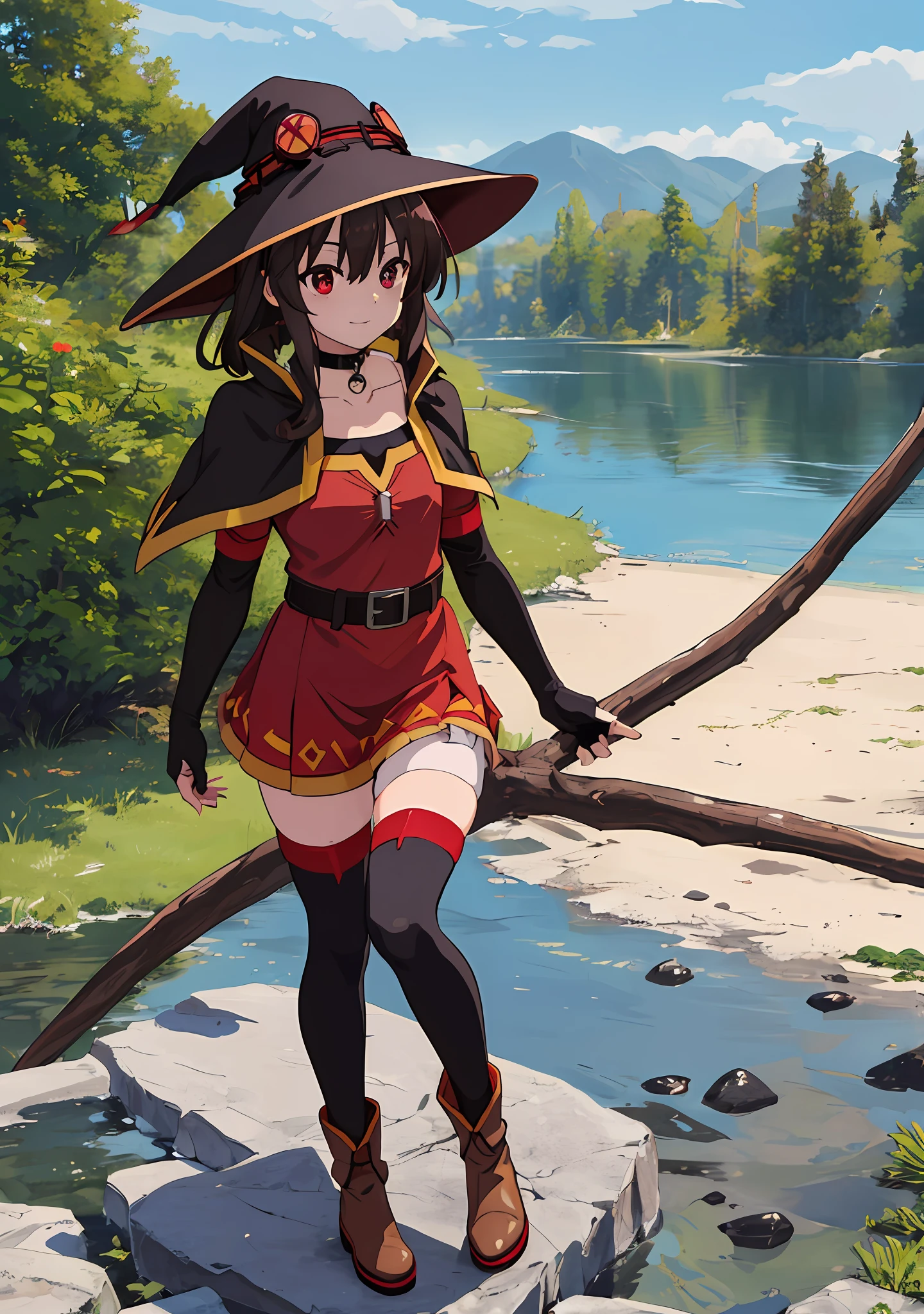 (A true masterpiece with the best quality), 1girl, full body,  megumin konosuba, megumin, collarbone, black choker, fingerless gloves, black gloves, long sleeves, red dress, brown boots, brown cape, witch hat, gold trim, red eyes, short brown hair, brown belt, zettai ryouiki, skindentation, asymmetrical legwear, mismatched legwear, thigh high, bandaged leg, village, water, nature,