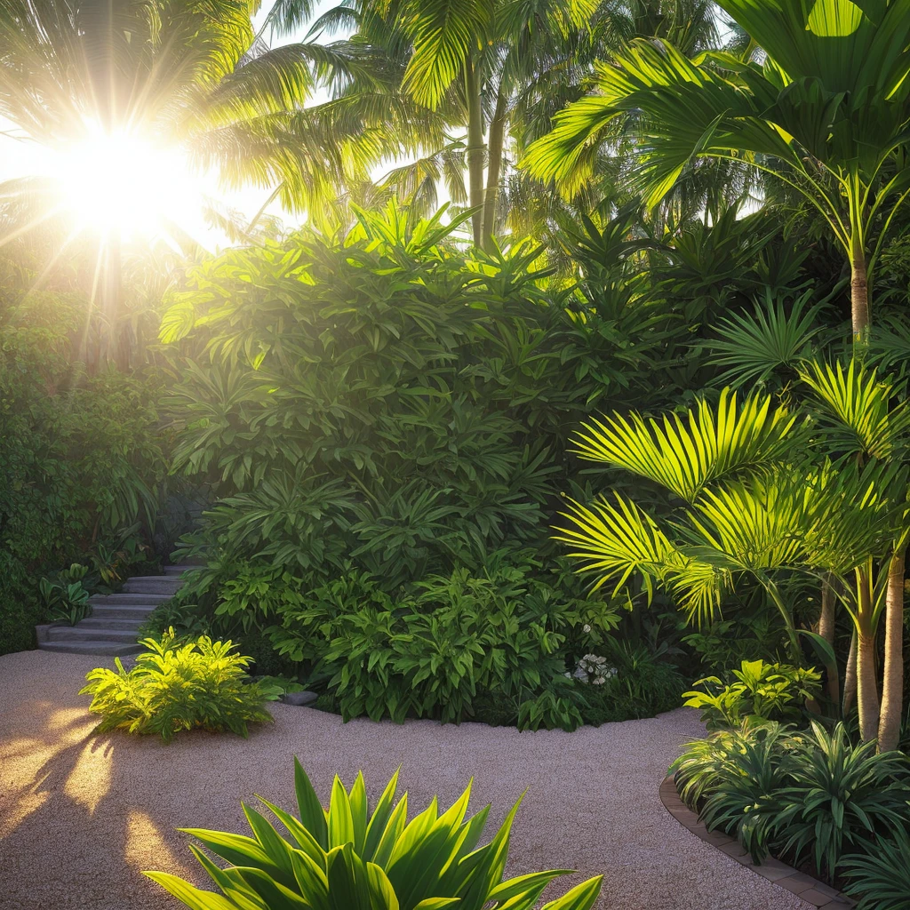 An extremely realistic garden, with tropical plants inspired by the Art Nouveau style of the 1890s and 1910s. The sun shines brightly, creating a vibrant and radiant atmosphere in the environment. The lush and exotic plants are meticulously represented, with detailed leaves and vibrant colors., Art Nouveau, lens flare, depth of field, cinematic lighting, motion blur, glowing light, god rays, ray tracing, reflection light, backlighting, vignetting, drop shadow, depth of field, cinematic lighting, motion blur, glowing light, god rays, ray tracing, reflection light, vignetting, UHD, retina, super detail, high details, award winning, best quality, 16k, 16k, best quality, award winning, high details, super detail, high quality