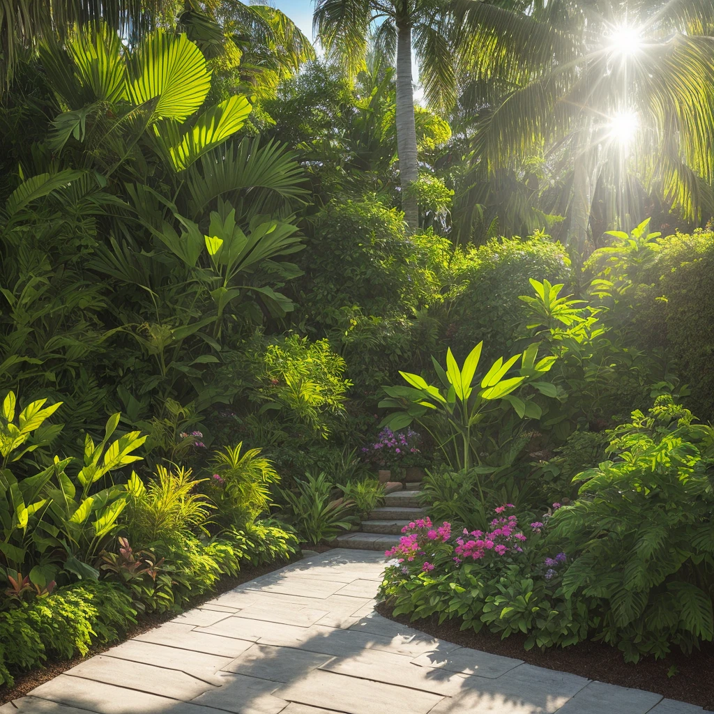 An extremely realistic garden, with tropical plants inspired by the Art Nouveau style of the 1890s and 1910s. The sun shines brightly, creating a vibrant and radiant atmosphere in the environment. The lush and exotic plants are meticulously represented, with detailed leaves and vibrant colors., Art Nouveau, lens flare, depth of field, cinematic lighting, motion blur, glowing light, god rays, ray tracing, reflection light, backlighting, vignetting, drop shadow, depth of field, cinematic lighting, motion blur, glowing light, god rays, ray tracing, reflection light, vignetting, UHD, retina, super detail, high details, award winning, best quality, 16k, 16k, best quality, award winning, high details, super detail, high quality