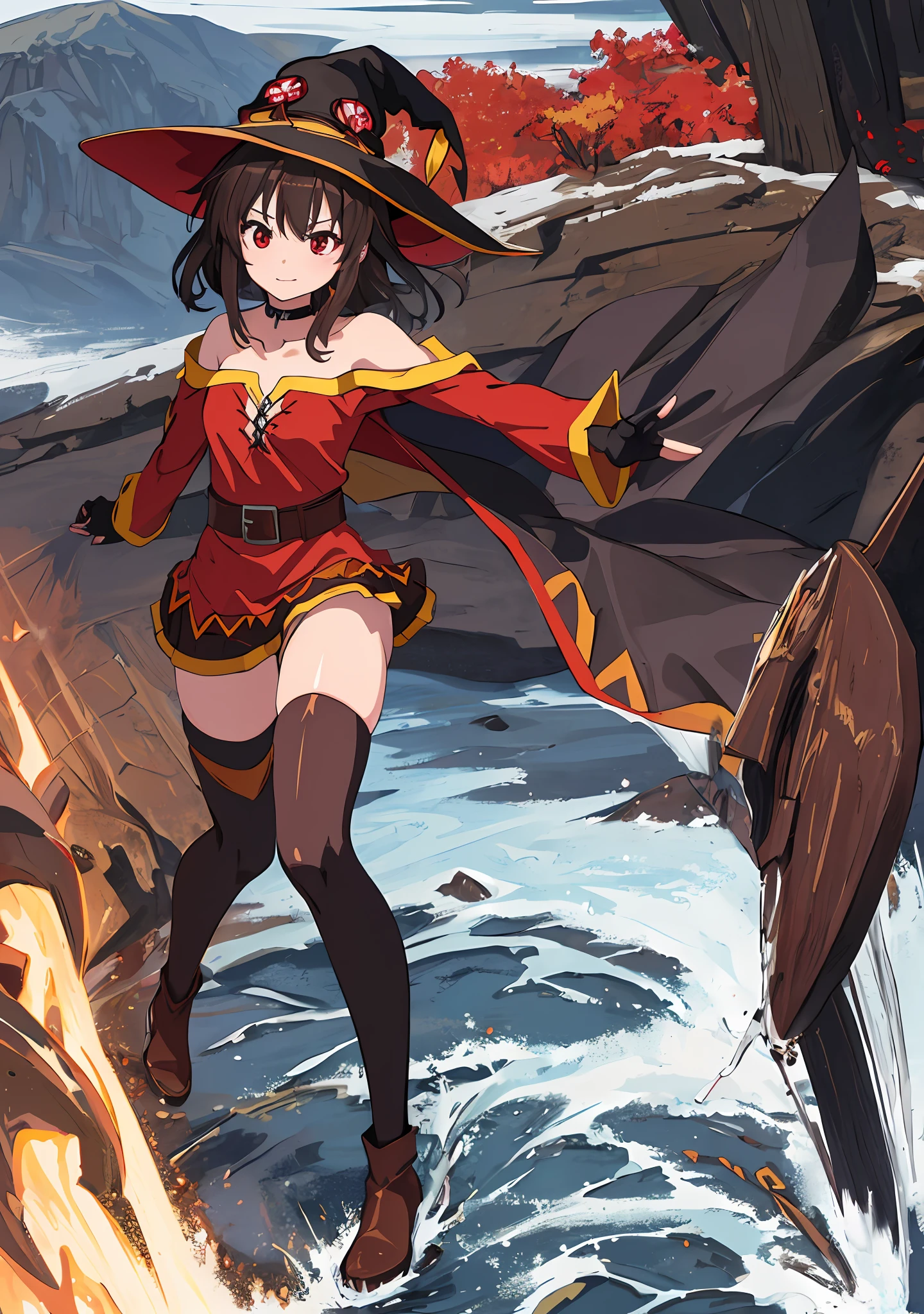 (A true masterpiece with the best quality), 1girl, full body,  megumin konosuba, megumin, collarbone, black choker, fingerless gloves, black gloves, long sleeves, red dress, brown boots, brown cape, witch hat, gold trim, red eyes, short brown hair, brown belt, zettai ryouiki, skindentation, asymmetrical legwear, mismatched legwear, thigh high, bandaged leg, village, water, nature,