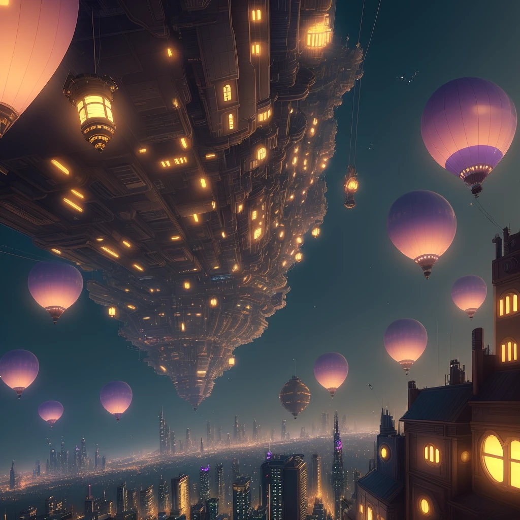 futuristic city, steampunk, night, lights, flying balloons, republic city