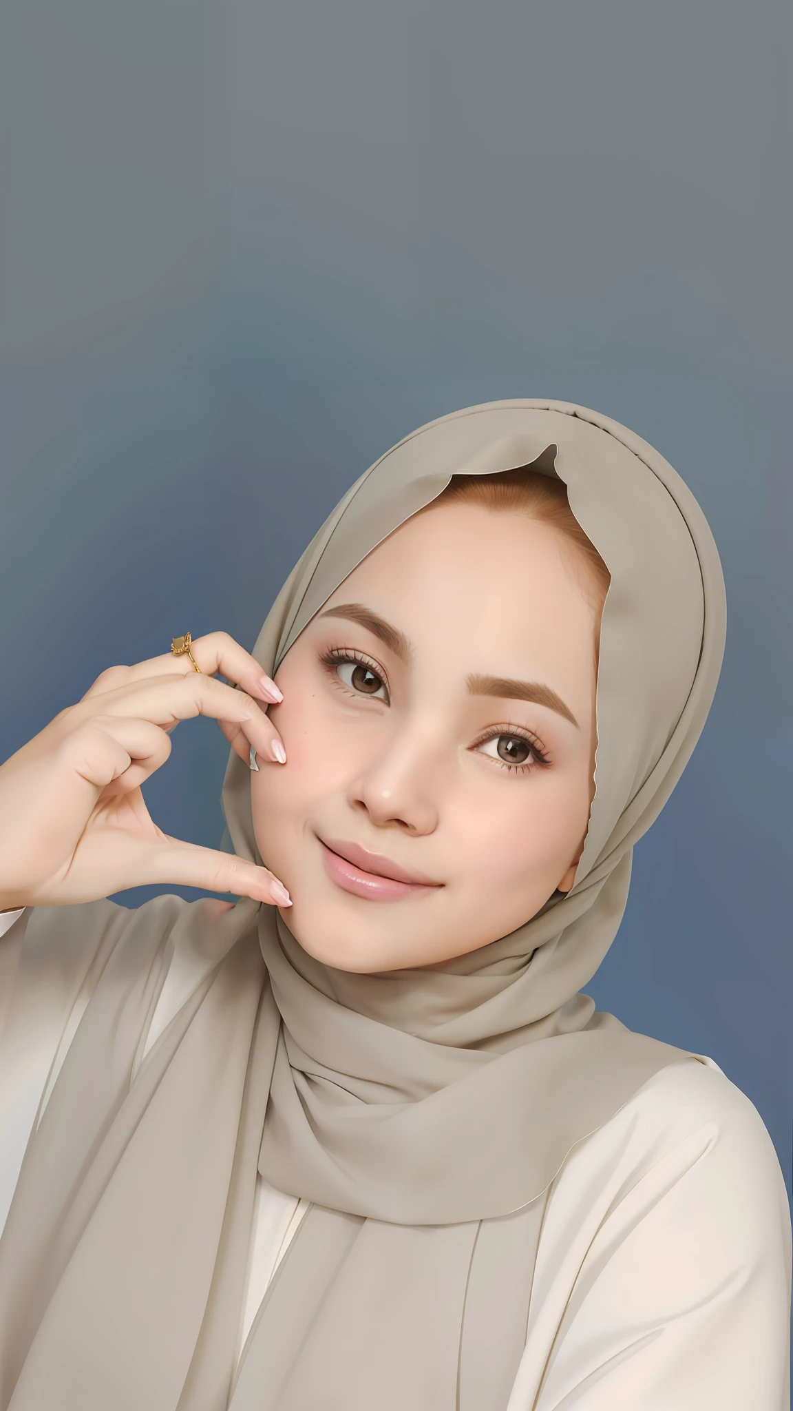 arafed woman wearing a hijab making a heart sign with her hands, inspired by Shaddy Safadi, inspired by Fathi Hassan, close up potrait, inspired by Naza, faridah malik, headshot profile picture, zenra taliyah, with accurate face, with kind face, semi realism, hijab, neutral face, inspired by JoWOnder