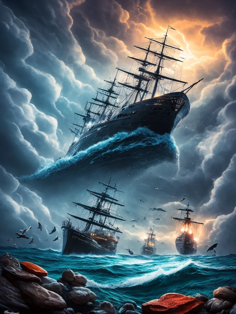 The ship is in the center of the ocean, dark night, violent storms, HD, mermaid, orange thunder background, best quality, some rocks around, rocks, best ship, mermaid on ocean, best mermaid, 16k, big ship, ship close to camera, Birds fly around, birds, night time, best lights