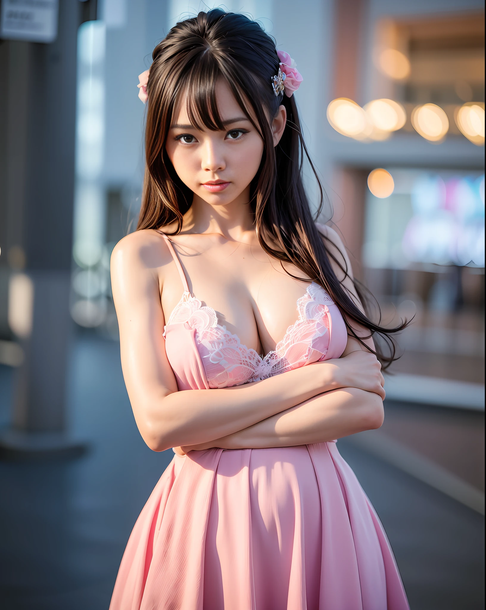 (8k, RAW photo, best quality, masterpiece:1.2), (realistic, photo-realistic:1.37),st. louis \(luxurious wheels\) \(azur lane\),1girl,(Kpop idol), (aegyo sal:1),hair ornament, portrait, lace dress:1.1), pink ,cute, night, rain, wet, professional lighting, photon mapping, radiosity, physically-based rendering,