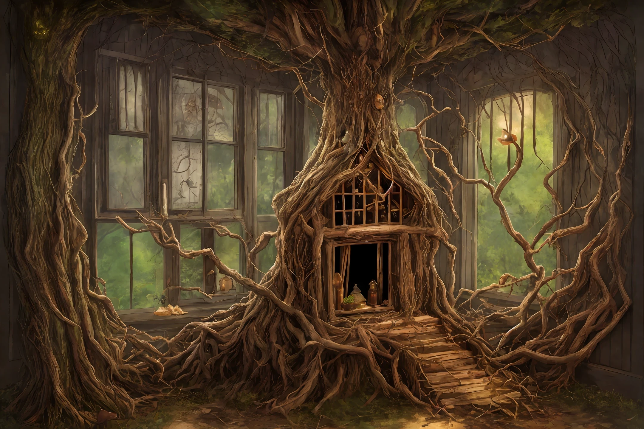 witch home,with some root,dark,smoked,light the window from inside,spreading peanut tree,fantasi,disney,upscale,variation,realistic