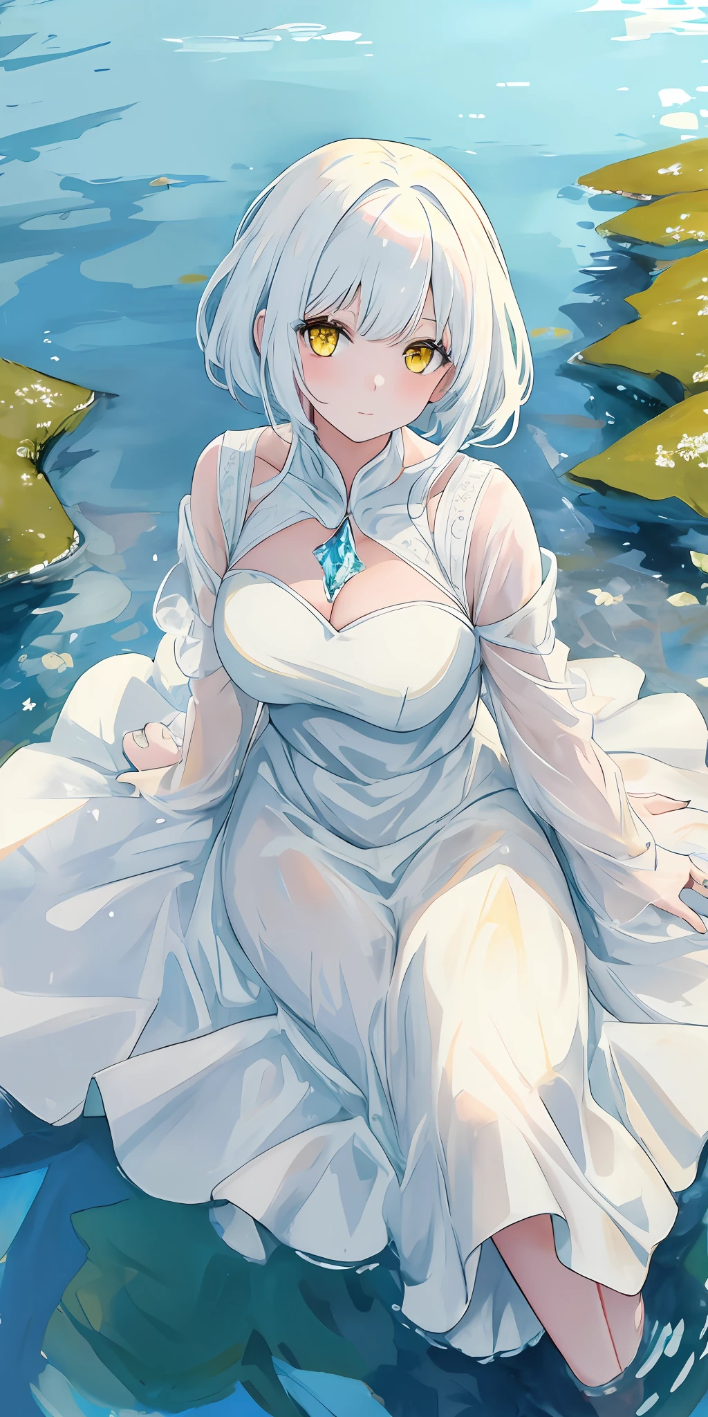 a beautiful girl with white hair , yellow eyes , in a crystalline lake setting with clear water, wearing a white dress, ((best quality)), ((masterpiece)), (high-resolution:1.2)