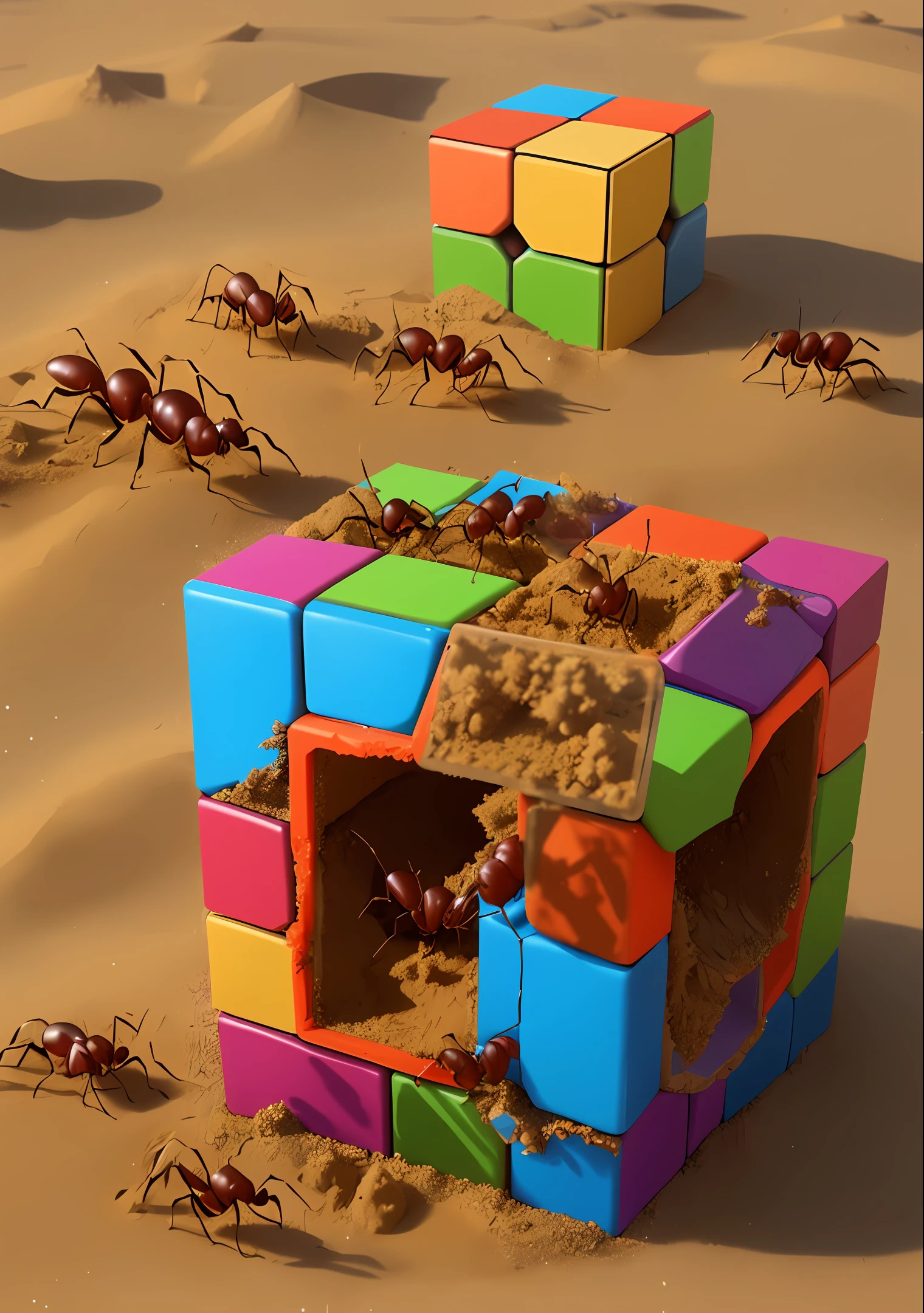 ants living in an old toy rubriks cube, uncovered in a pile of sand, needs repair, zoom in, enlargement, realistic cartoon
