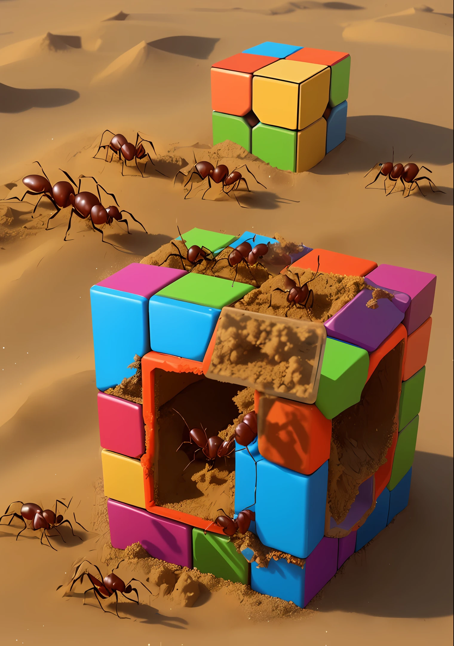 ants living in an old toy rubriks cube, uncovered in a pile of sand, needs repair, zoom in, enlargement, realistic cartoon