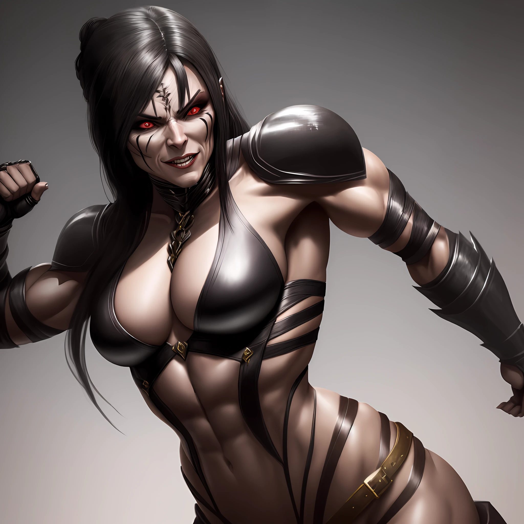 Woman With few muscles in the style of Mileena Mortal Kombat in a macabre and dark, hyper realistic setting