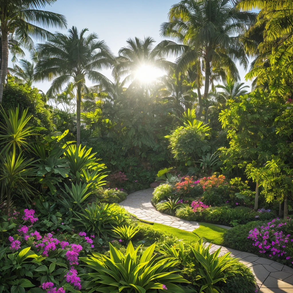 An extremely realistic garden, with tropical plants and Art Nouveau style buildings inspired by the Art Nouveau style of the 1890s and 1910s. The sun shines brightly, creating a vibrant and radiant atmosphere in the environment. The lush and exotic plants are meticulously represented, with detailed leaves and vibrant colors., Art Nouveau, lens flare, depth of field, cinematic lighting, motion blur, glowing light, god rays, ray tracing, reflection light, backlighting, vignetting, drop shadow, depth of field, cinematic lighting, motion blur, glowing light, god rays, ray tracing, reflection light, vignetting, UHD, retina, super detail, high details, award winning, best quality, 16k, 16k, best quality, award winning, high details, super detail, high quality, background blur locked blur vignette