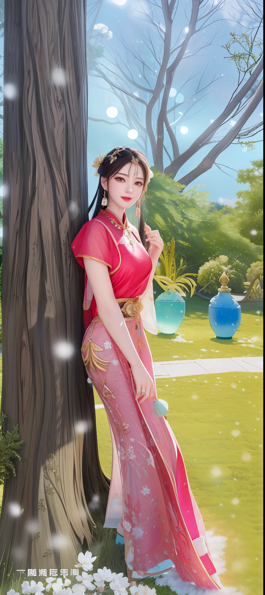 best quality, masterpiece, highres, 1girl, transparent silk china dress, cotton robe, hair ornament, smile, closed mouth,lips, dress,hair ornament, necklace, jewelry, chinese clothes, long hair, earrings, detailed beautiful eyes,detailed eyelash, Beautiful face,upon_body, tyndall effect,photorealistic, rim lighting, two tone lighting,(high detailed skin:1.2), 8k uhd, dslr, soft lighting, high quality, volumetric lighting, candid, Photograph, high resolution, 4k, 8k, Bokeh, in garden, falling snow, winter, (gigantic breasts:0.75)