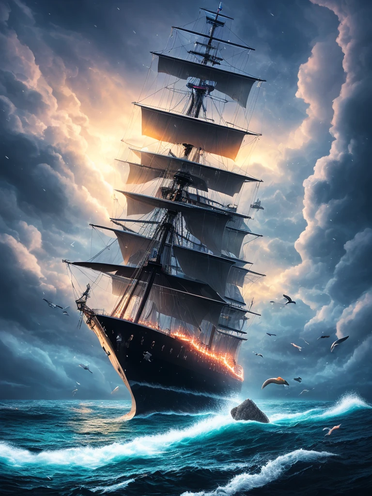 The ship is in the center of the ocean, dark night, violent storms, HD, mermaid, orange thunder background, best quality, some rocks around, rocks, best ship, mermaid on ocean, best mermaid, 16k, big ship, ship close to camera, Birds fly around, birds, night time, best lights, octane