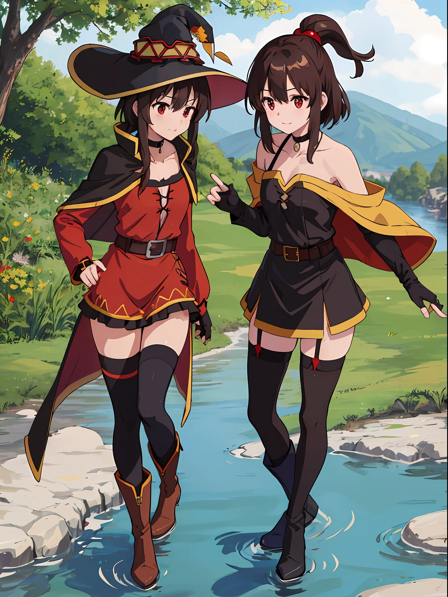 (A true masterpiece with the best quality), 1girl, full body, megumin konosuba, megumin, collarbone, black choker, fingerless gloves, black gloves, long sleeves, red dress, brown boots, brown cape, witch hat, gold trim, red eyes, short brown hair, brown belt, zettai ryouiki, skindentation, asymmetrical legwear, mismatched legwear, thigh high, bandaged leg, village, water, nature,