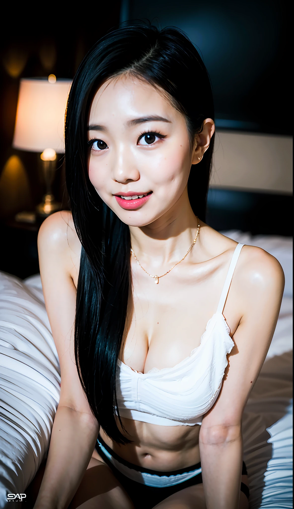 Top quality, long black hair asian child, lying on bed on his back, crotch open, hands on crotch, embarrassing face, (face: 1 of 2), noise, special, real photo, PSD, light film photo, sharp focus, contrast light, detailed skin, 8k high resolution, crazy detail, realistic, professional photo, 8k UHD, dslr, soft light, high quality, black background, necklace, low rise panties, BDSM, tongue out, smile