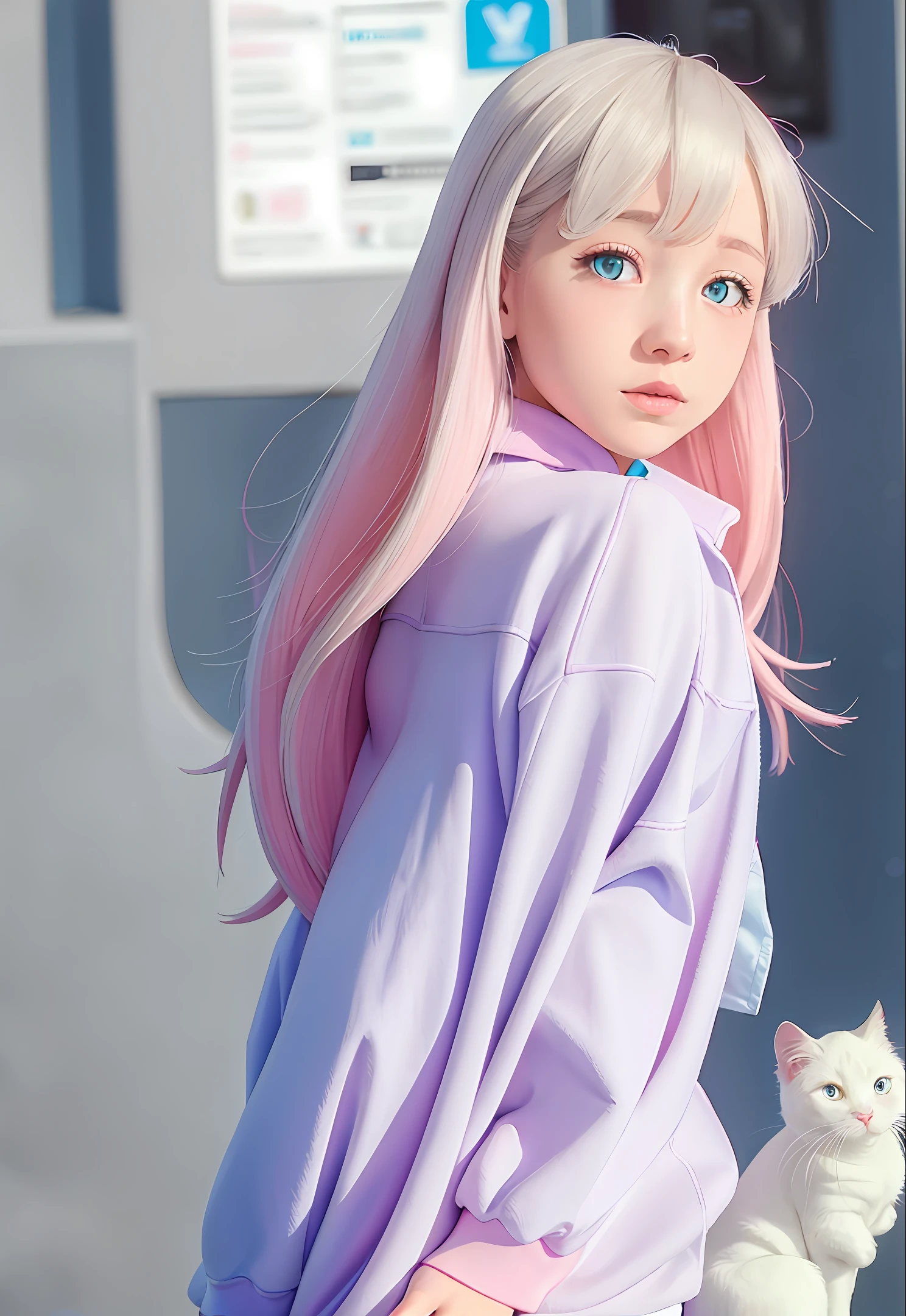 (Detailed description) (best quality) a white cat with blue eyes dressed in a Pink jacket