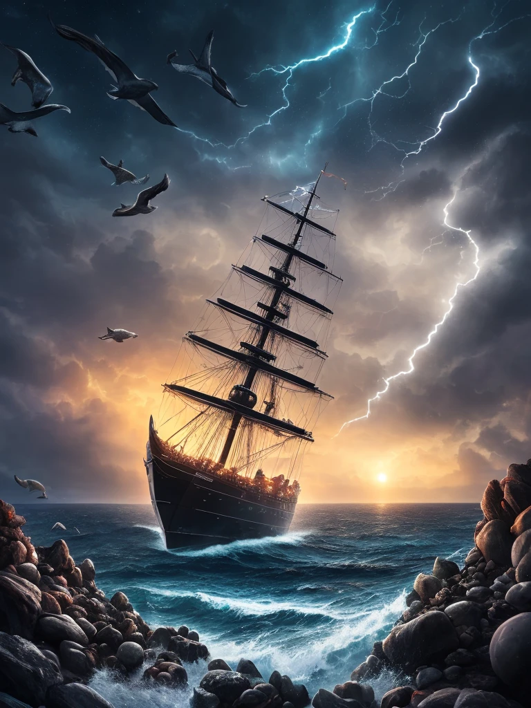 The ship is in the center of the ocean, dark night, violent storms, HD, mermaid, orange thunder background, best quality, some rocks around, rocks, best ship, mermaid on ocean, best mermaid, 16k, big ship, ship close to camera, Birds fly around, birds, night time, best lights, octane
