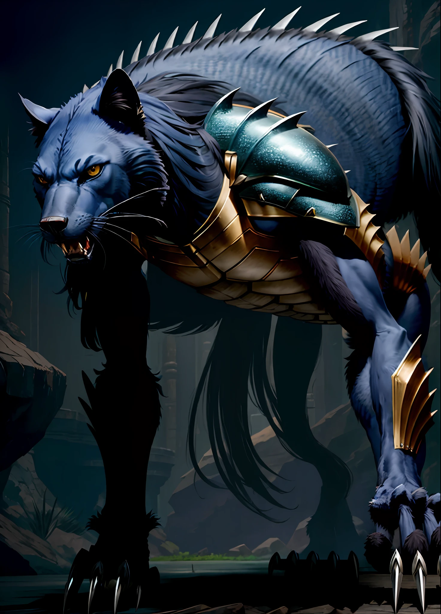 Long, sleek, quadrupedal, [keratin natural armor], claws, long tail, on all fours, beast, lanky,hard outer shell, tough,serrated claws,best quality, highly detailed, layered armor plating, singular beast, masterpiece,