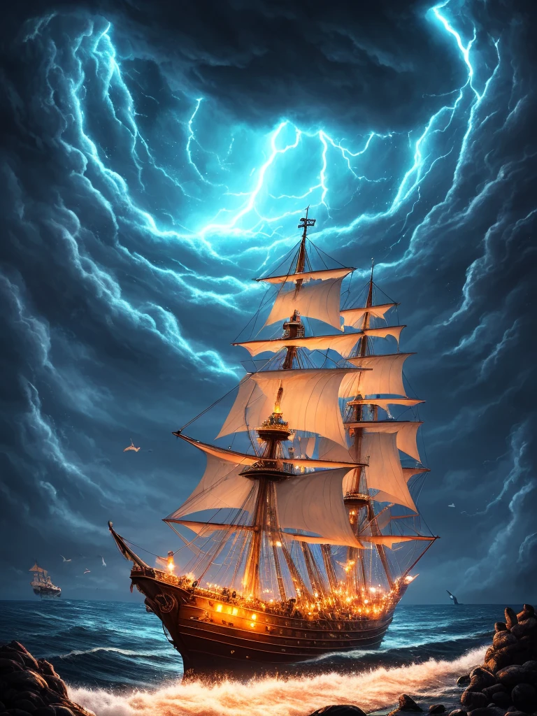 The ship is in the center of the ocean, dark night, violent storms, HD, mermaid, orange thunder background, best quality, some rocks around, rocks, best ship, mermaid on ocean, best mermaid, 16k, big ship, ship close to camera, Birds fly around, birds, night time, best lights, octane