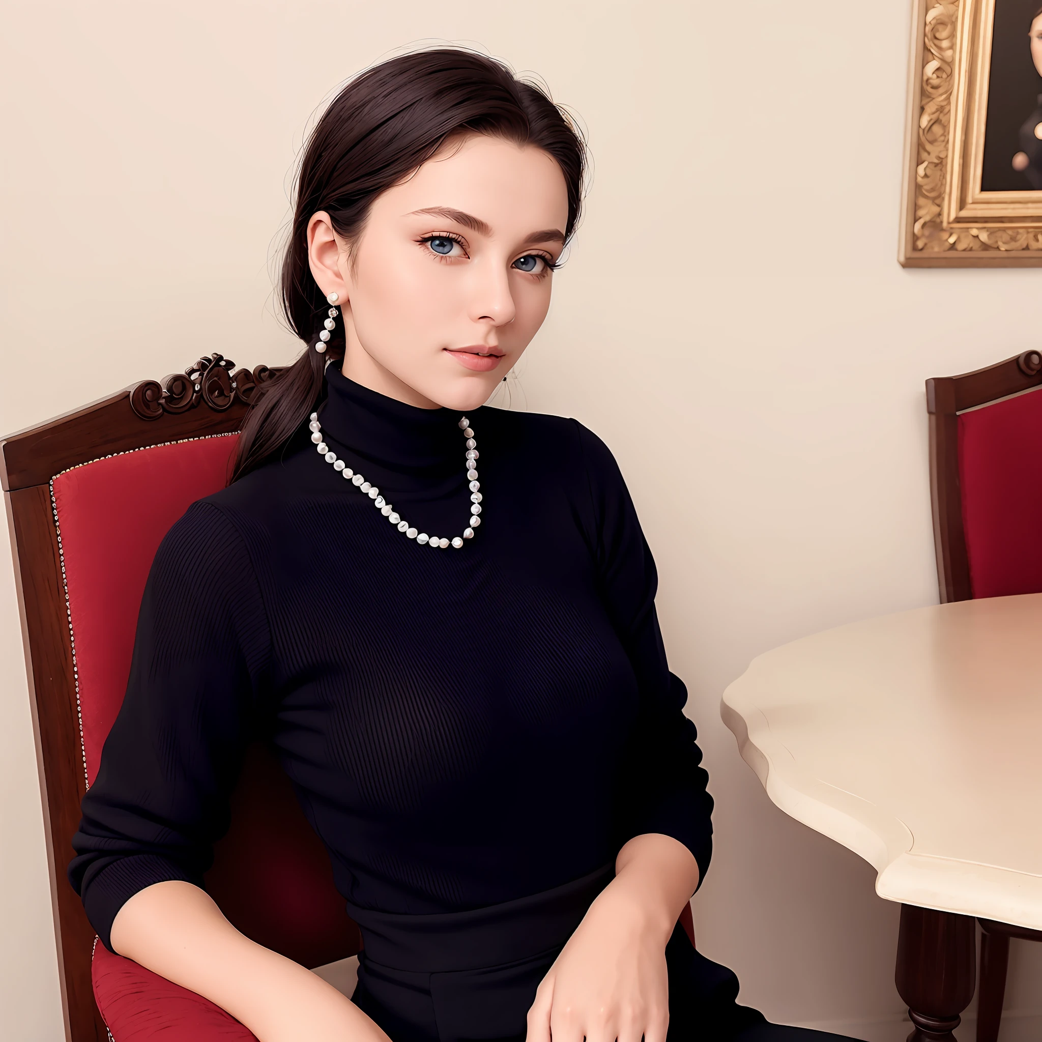 Woman, 20 years old, beautiful, black turtleneck, brunette hair pulled back, sitting at ornate brown table. Portrait photography. Portrait. String of pearls choker. Confident. Seductive. Slender, busty, portrait photography, picture, 16k resolution, looking at camera, bright blue eyes, powder blue eyes, big blue eyes