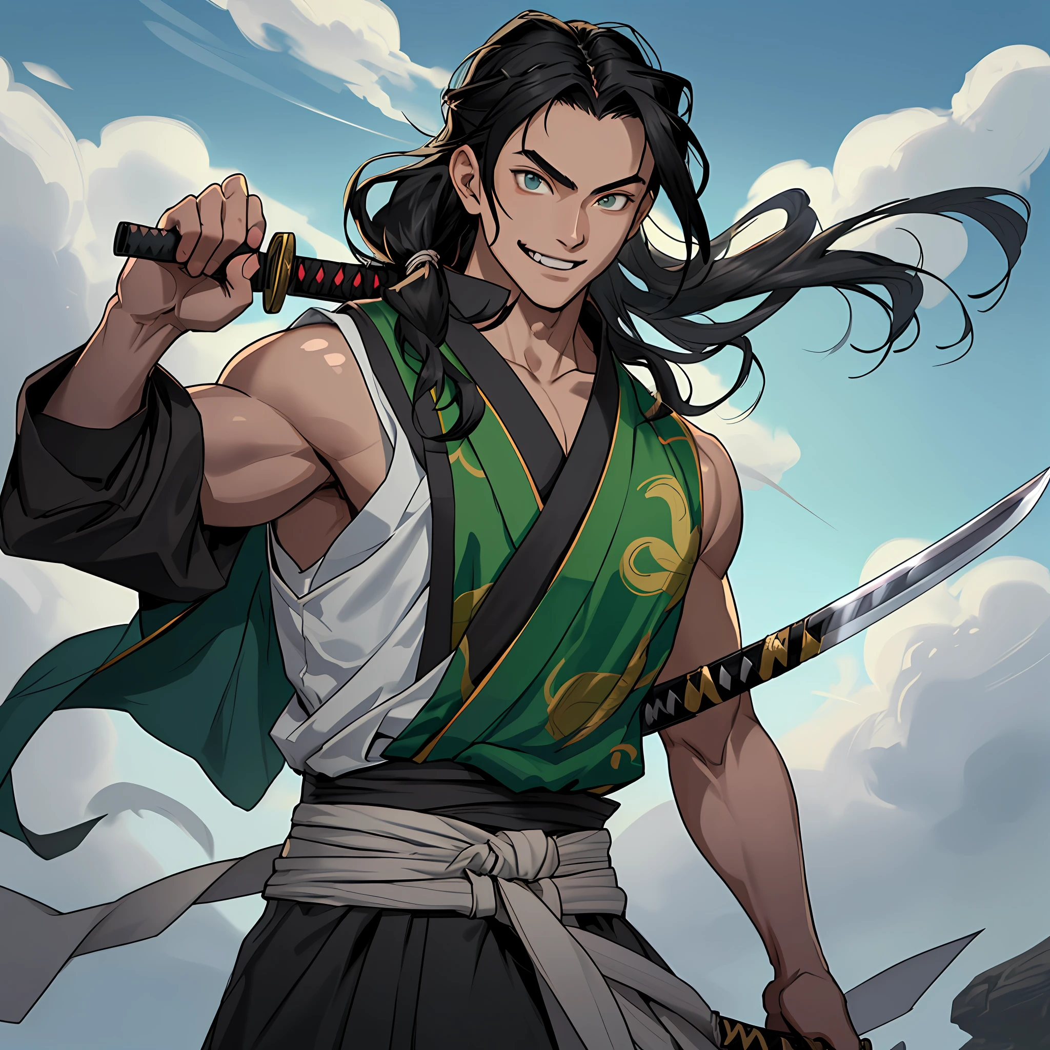 best quality (katana: 1.4), serious,(at night: 1.4), a single 18-year-old has long black hair that is loose to the winds, and poured down his body, smooth and shiny, which fall gently to his back. Her hair is thick and has a healthy appearance, contrasting with her fair skin. The young man's eyes are deep and emerald green, intense as two light pearls. They reflect calm and an inquisitive curiosity. With his upright posture, the child shows a confident bearing and a cheerful and hyperactive aura. She wears a white kimono with azuuis-greenish details with patterned gray clouds, with a large yellow ribbon at her waist, sleeveless, made of a quality fabric. giving him the look of a swordsman. It has a golden lion tamarin on its shoulder. At his waist, he carries a white katana with gray details on the blade. The long, sharp blade is made of polished steel, reflecting light. The katana grip is wrapped in black leather, offering a firm and secure grip. The scabbard of the sword adorned with demonic symbols. Kimetsu no Yaiba style, alone, 1boy, muscular man, demon slayer style, loose hair, quiet look, smiling, tall, confident, only 1, spilled hair, loose and big hair