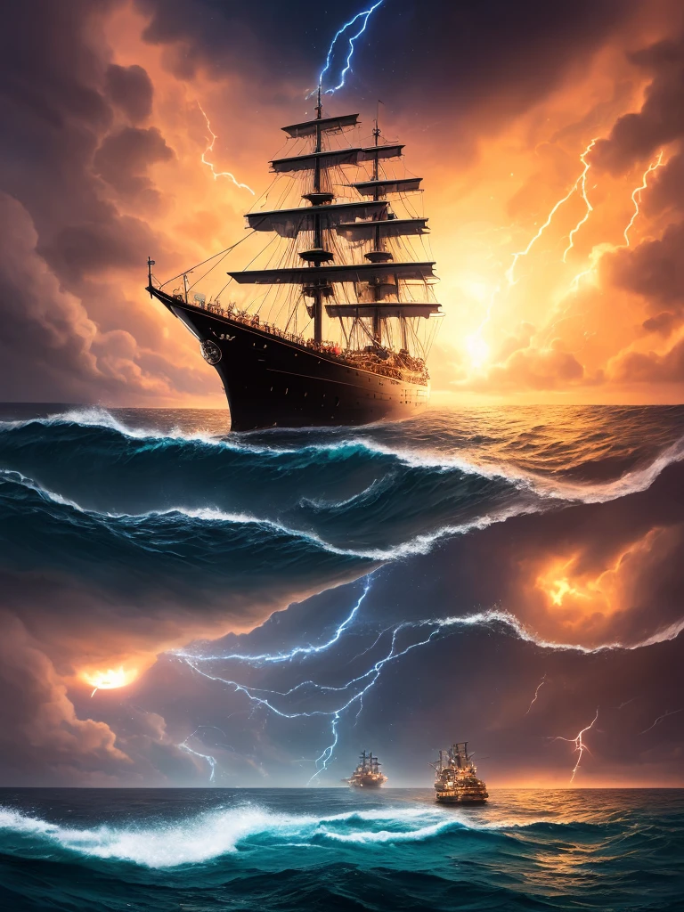 The ship is in the center of the ocean, dark night, violent storms, HD, mermaid, orange thunder background, best quality, some rocks around, rocks, best ship, mermaid on ocean, best mermaid, 16k, big ship, ship close to camera, Birds fly around, birds, night time, best lights, octane