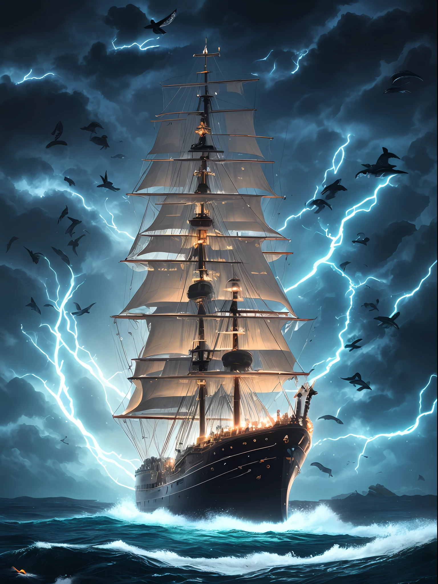 The ship is in the center of the ocean, dark night, violent storms, HD, mermaid, orange thunder background, best quality, some rocks around, rocks, best ship, mermaid on ocean, best mermaid, 16k, big ship, ship close to camera, Birds fly around, birds, night time, best lights, octane