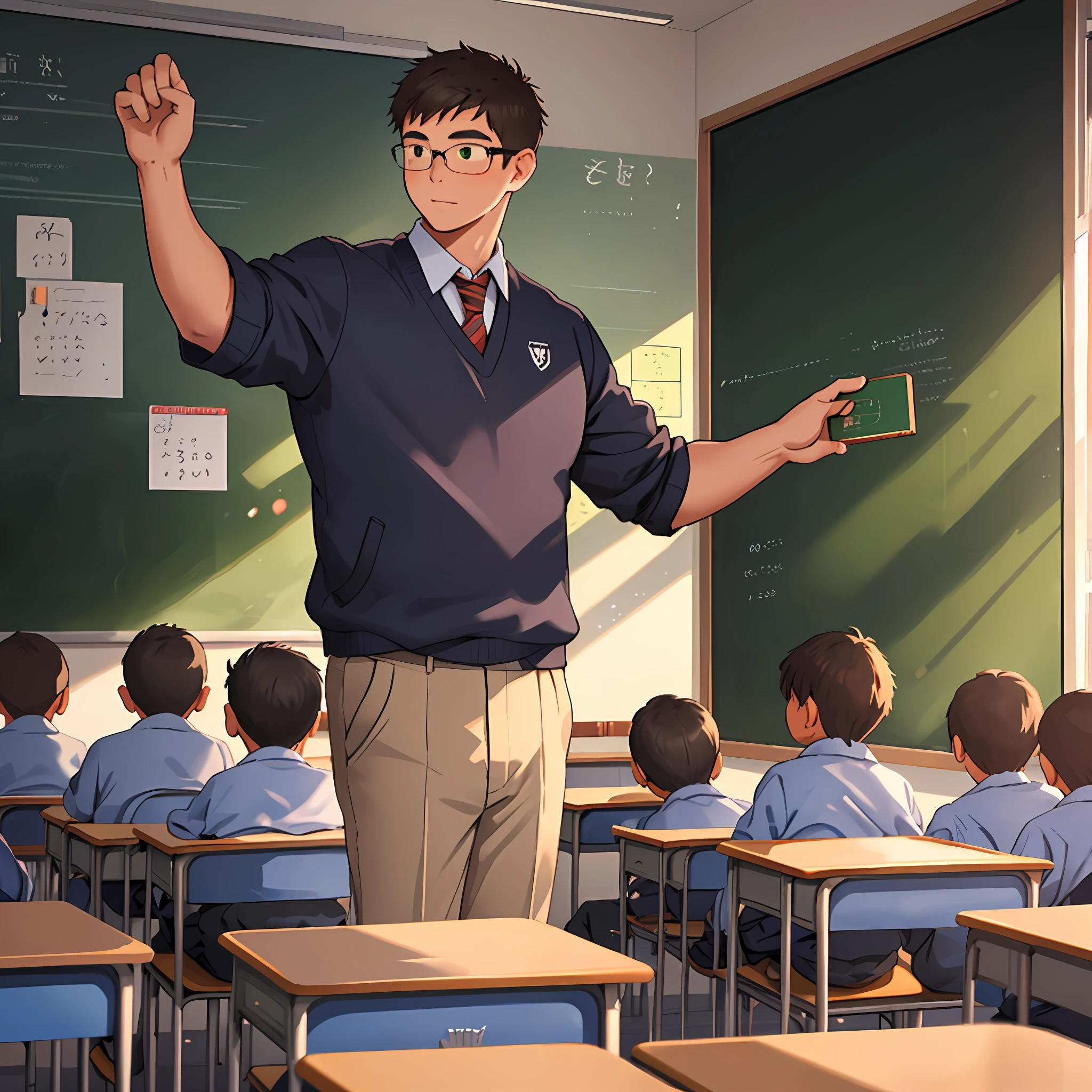 Classroom, many children, a teacher, behind him a green board