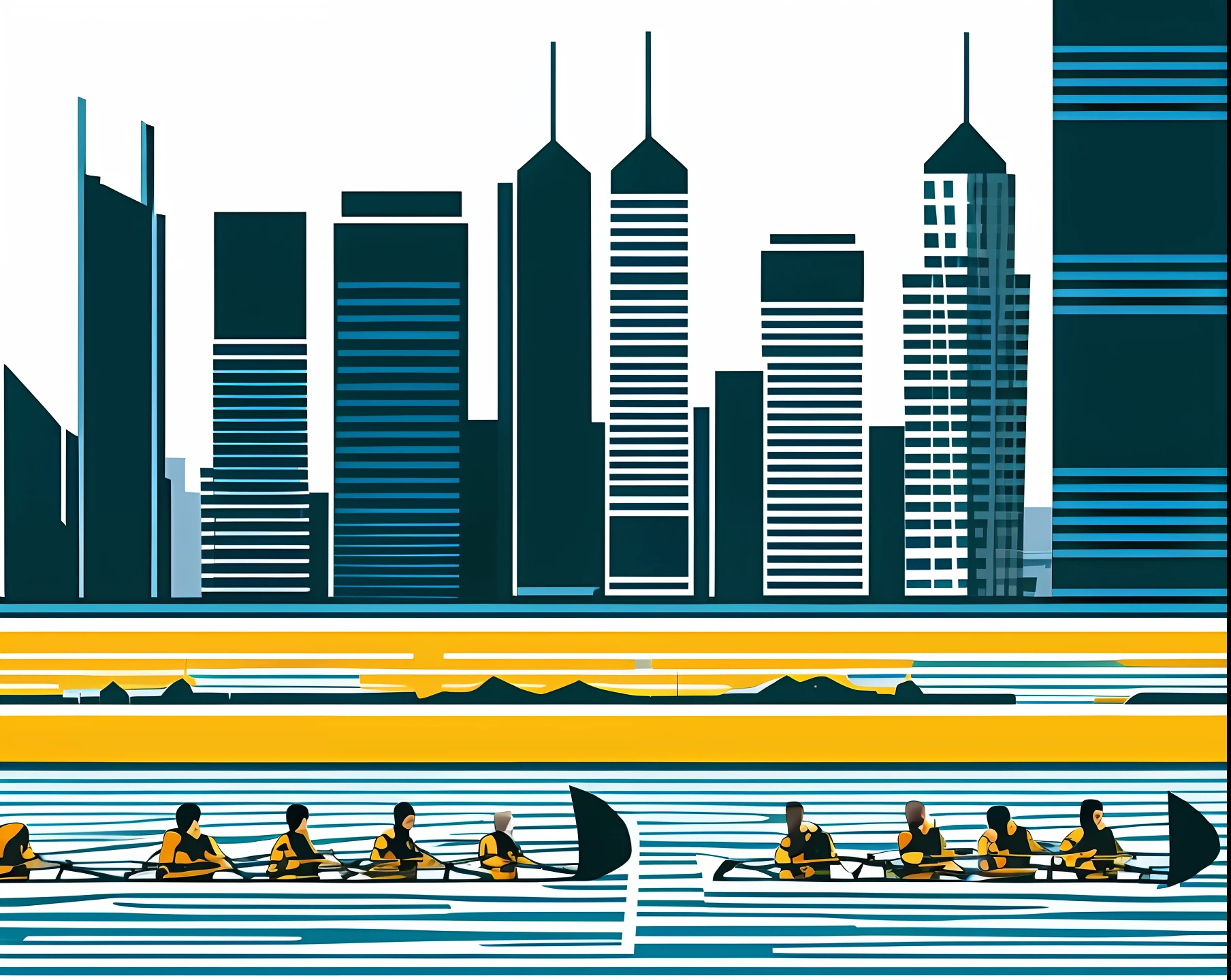 a simplified graphic illustration depicting one competition rowing boat with eight diverse athletes rowing . the frankfurt skyline is in the background with the Commerzbank highrise clearly visible. teal and dark yellow color palette.