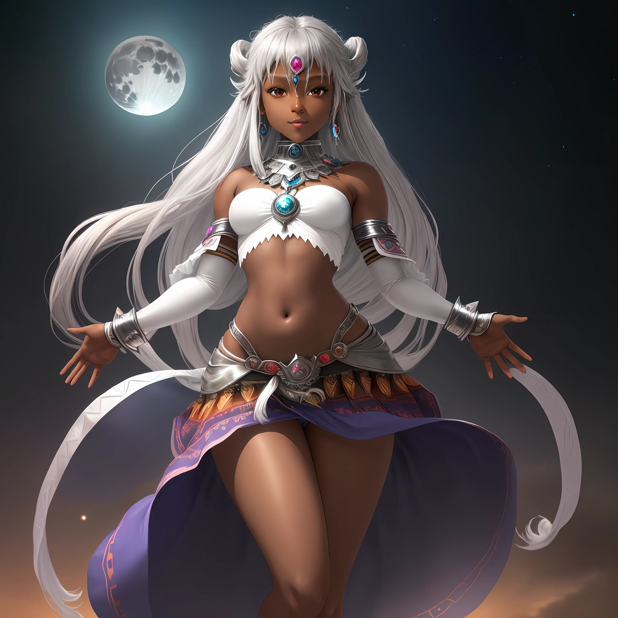 Dark skin, Aztec, female, medium breasts, slender legs, thick thighs, mystical, midriff, stomach, medium skirt, sheer silver top, silver hair, full body, gray eyes, mature, small smile, head tilt, cute eyes, small sheer cloak, moon lit background, five fingers, normal hands, high resolution, (two arms), normal human hands, 2 arms, best quality, vibrant colors, rainbow, left hand, right hand, anime girl, goddess, clenched fists