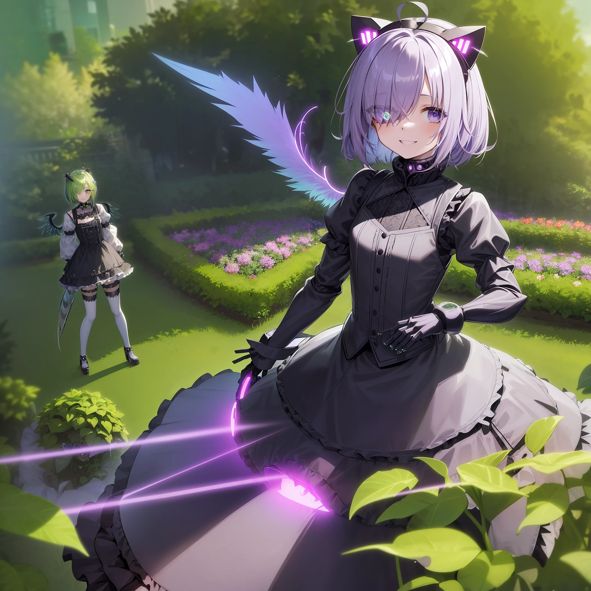 (best quality:1.4),[( plant, plant girl, ) blue-green eyes, (((cat ears)),ear fluff), sweet beautiful woman, ((glowing wings, ((purple WINGS, (((hair over one eye))),leaf)), ( purple hair)), ) ((masterpiece)), ((((shorthair, inverted bob, ))ringlets, wavy hair, )) (((angle wings, (((feathery wings))), smile, happy, green leaf hair ornament, lolita style, (hoodie), gothic lolita skirts, ))), shoulder wings, facing veiwer,] ((((glitch,cyber punk, plants, garden))))