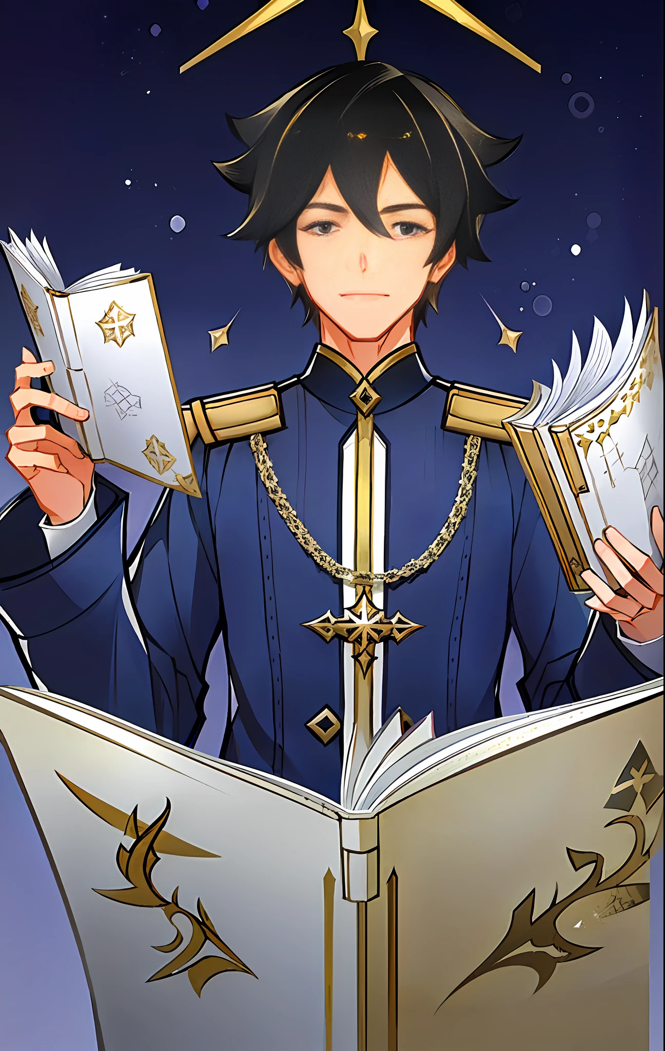 High-quality and ultra-detailed portrait of a fit and mysterious young man with dark hair, piercing blue eyes, and sporting blue/black modest robes. He grasps a simple flying grimoire, with the magical pages still lingering in the air.