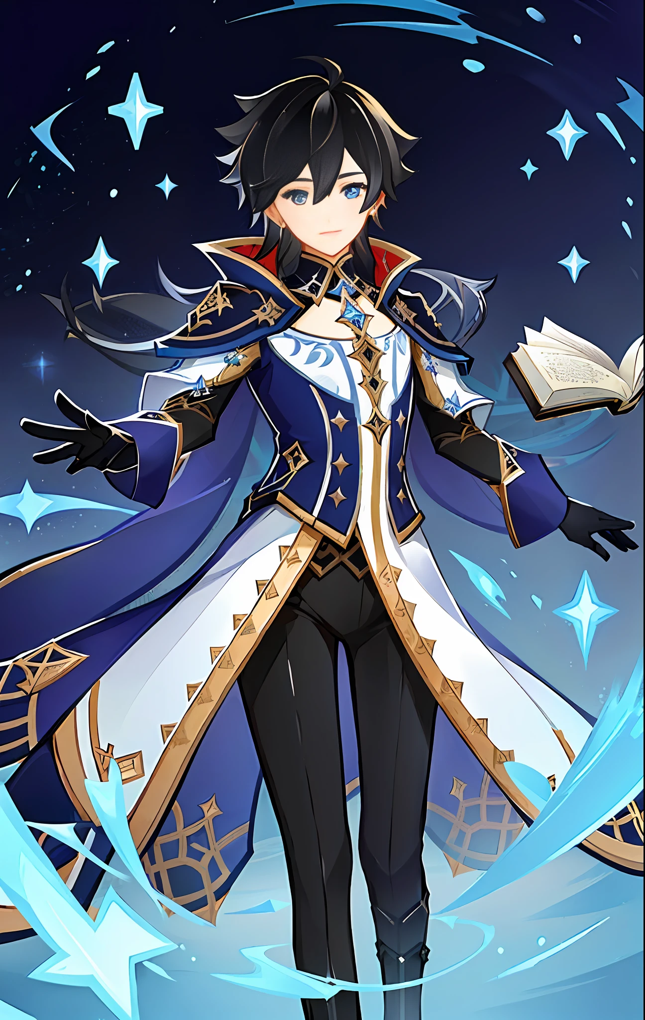 High-quality and ultra-detailed portrait of a fit and mysterious young man with dark hair, piercing blue eyes, and sporting blue/black modest robes. He grasps a simple flying grimoire, with the magical pages still lingering in the air.
