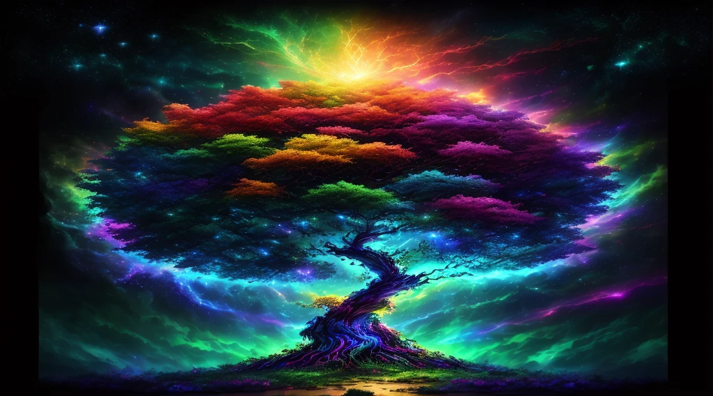 Masterpiece,
The birth of Creation, a leafy Tree with energetic and colorful streams of light in an epic galactic sky, with professional color grading, soft shadows, no contrast, clean sharp focus, cinema film photography, hyper realistic :: nebula::1 wide angle lens::1 defocus::
UHD, HDR, 16K
