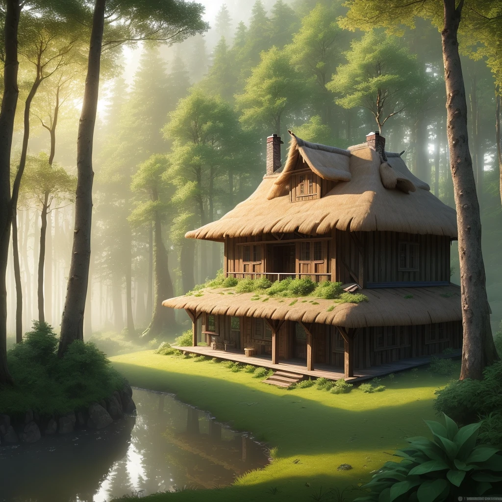 (with exceptional quality,ultra-detailed 8k CG wallpaper, rustic and extremely detailed masterpiece), outdoor, floating, with panoramic view of the forest, (a rustic wooden hut with thatched roof),(colored glass windows),(smoke coming out of the chimney), (firewood piled up next to the wall), (green fields, tall trees around),(beams of sunlight running through the trees), (dew on leaves and grass):(0.8)