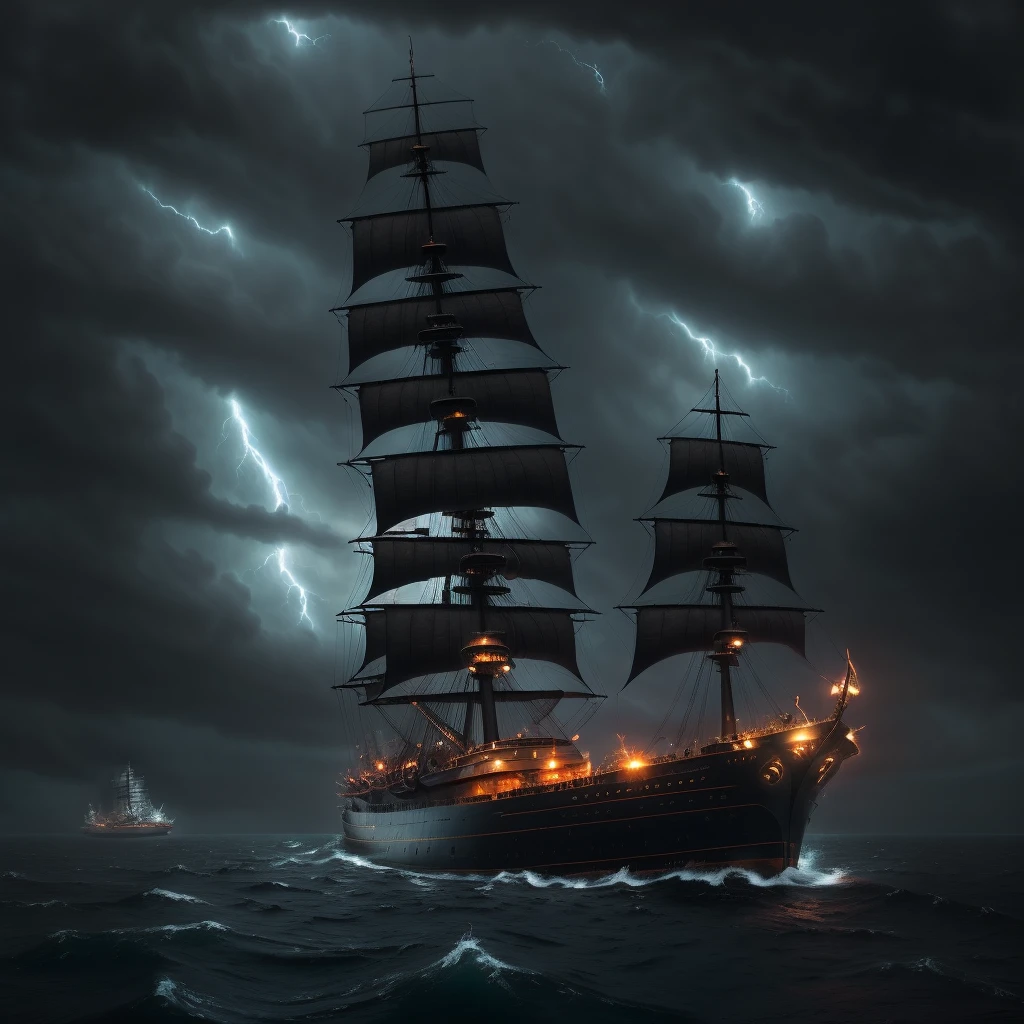 The ship is in the center of the ocean, dark night, violent storms, HD, mermaid, orange thunder background, best quality, some rocks around, rocks, best ship, mermaid on ocean, best mermaid, 16k, big ship, ship close to camera