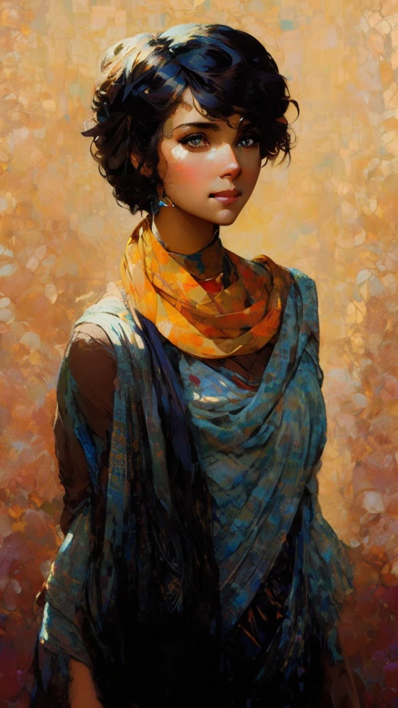 a painting of a woman with a scarf on her neck, craig mullins alphonse mucha, artgerm craig mullins, beautiful character painting, rhads and lois van baarle, artgerm and atey ghailan, charlie bowater rich deep colors, ross tran 8 k, ( ( mads berg ) ), artgerm and craig mullins