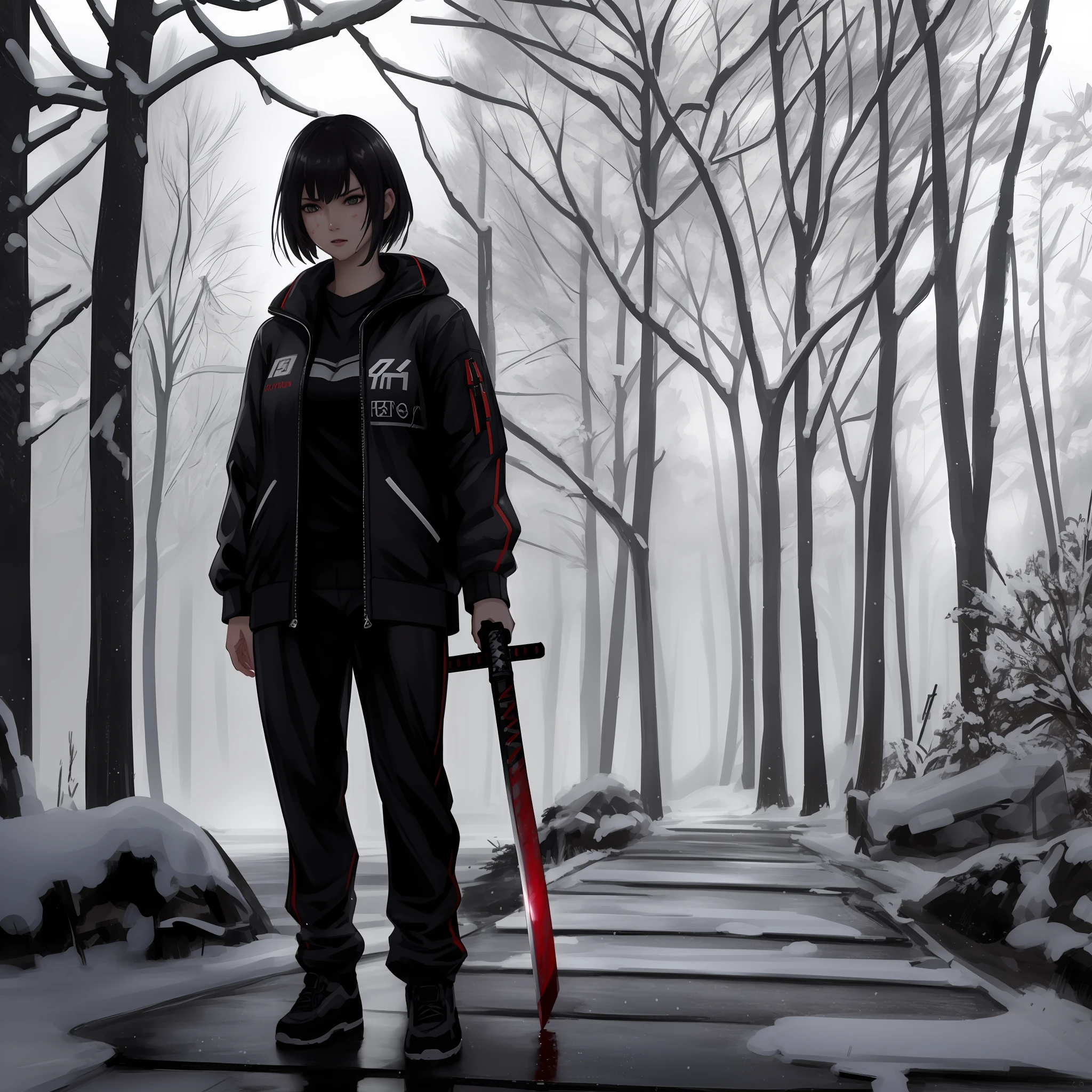 (Young anime: 1.2), ((best quality)), ((masterpiece)), ((realistic)), (detailed), (1 girl), in a blood-stained-looking black coat against the background of destroyed houses and flooded streets, cool cyberpunk avatar, holding a katana sword with white details on the handle and bloodied blade in his hand and looking at the camera with a face of someone agitated and angry, 4K, beautiful oriental background photo,, woman with short hair and white color, tracksuit, winter forests, blood, snowfall, background blur, winter, 8k, 8k hyper realistic, unreal engine 5, hyper realistic, realistic, motion blur, hair, violent, sci-fi character, stylized as a 3d render, best quality, ultra high resolution, (photorealistic: 1.4), (masterpiece, best quality), HDR (High Dynamic Range),Ray Tracing,NVIDIA RTX,Super-Resolution,Unreal 5,Subsurface Dispersion, PBR Texture, Post-processing, Anisotropic filtering, Depth of field, Maximum clarity and sharpness, Multilayer textures.