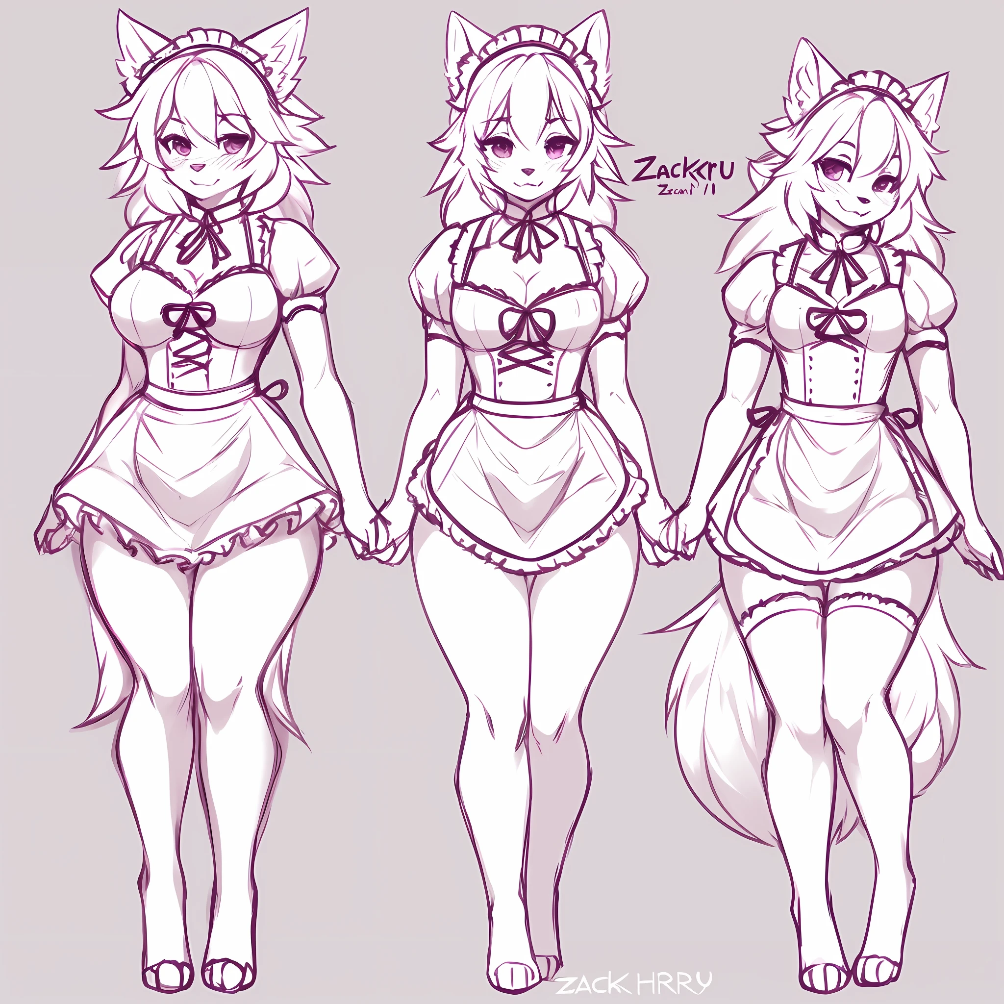 by zackary911, hioshiru, zackary911, reference, front and back only, hips, maid, lineart, sketch, medium breast, view from behind and front