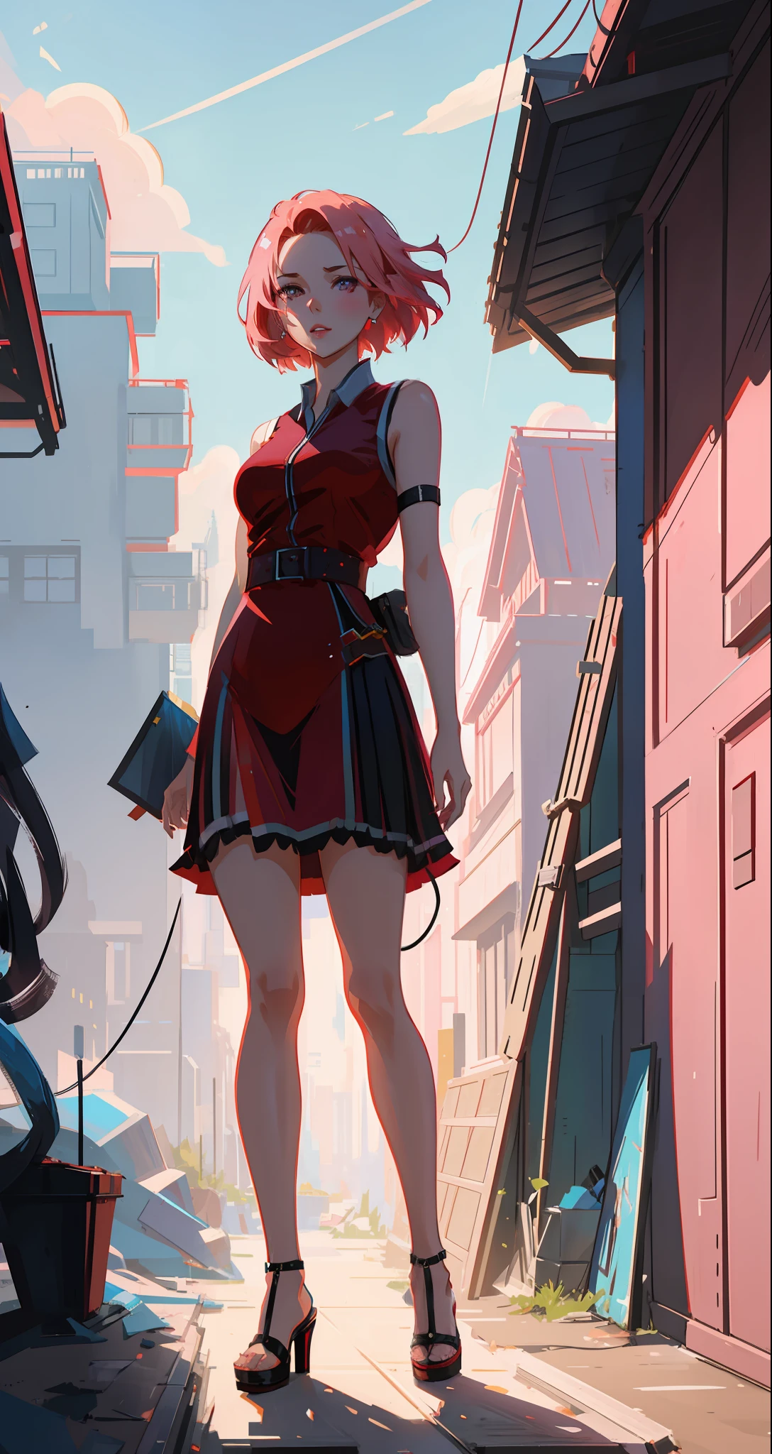 beautiful woman, seductive, ((forehead to show)) pop star, idol, in a show, attractive, sexy eyes, red dress, pink hair, delicate, young, short hair, full body, from League of Legends, trend at Artstation, by Rhods, Andreas Rocha, Rossdraws, Makoto Shinkai, Laurie Greasley, Lois Van Baarle, Ilya Kuvshinov and Greg Rutkowski