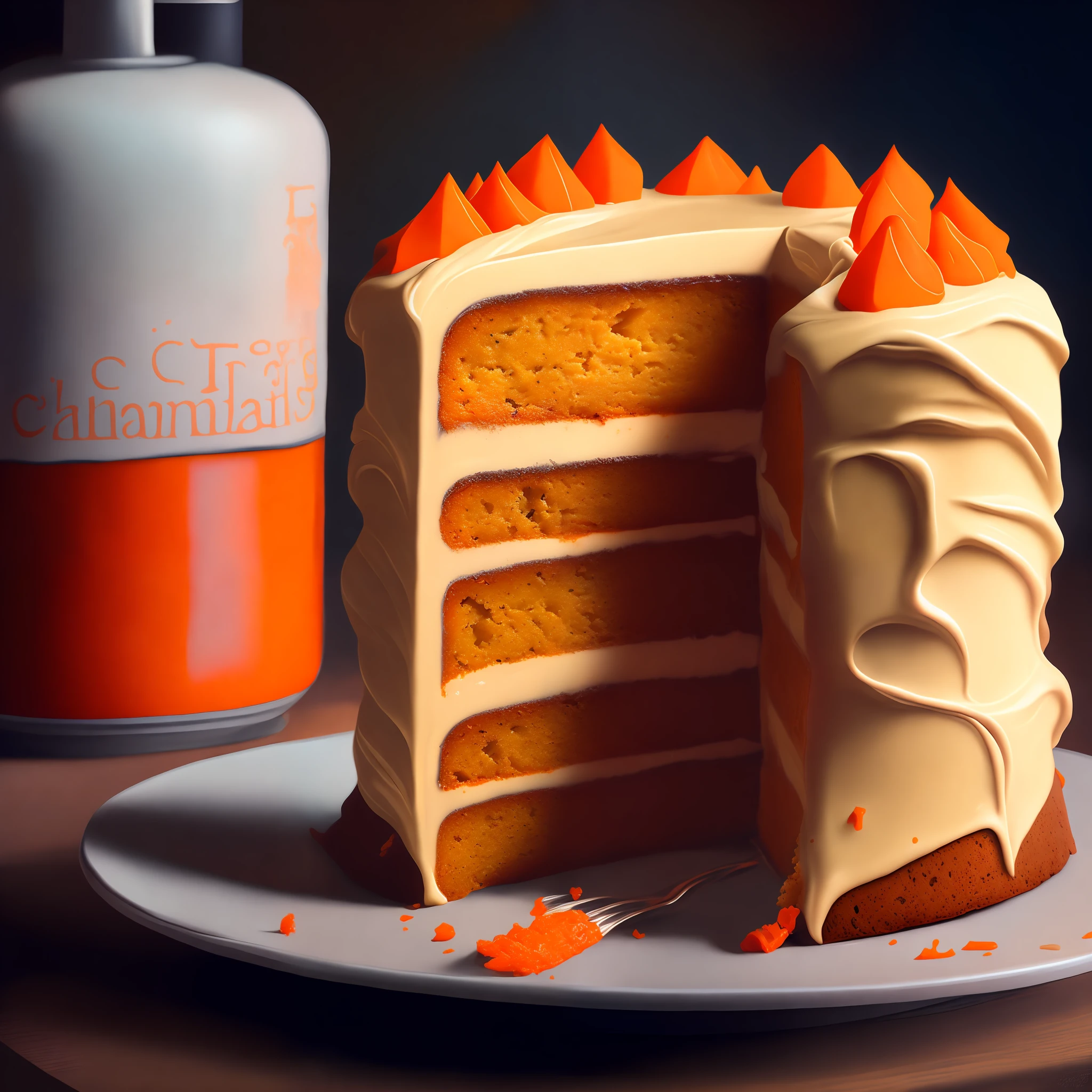 a whole carrot cake next to a piece of carrot cake sitting on top of a table, hyper realistic digital painting, colorful hyperrealism, amazing food illustration, a whole carrot cake next to a piece of blender carrot cake, amazing food photography, hyper realistic oil painting, hyper realistic color photo,  ultra-realistic oil painting, realistic color photography, hyper realistic oil painting, hyper-realistic oil painting, beautiful 3d rendering, hyper-realistic digital painting