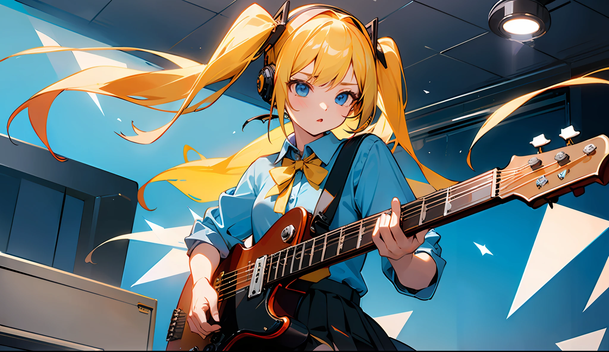 ((masterpiece,best quality))1girl, solo, black skirt, blue eyes, electric guitar, guitar, headphones, holding, holding plectrum, instrument, long hair, , music, one side up, yellow hair, twin tails, playing guiter, pleated skirt, blue shirt, indoors