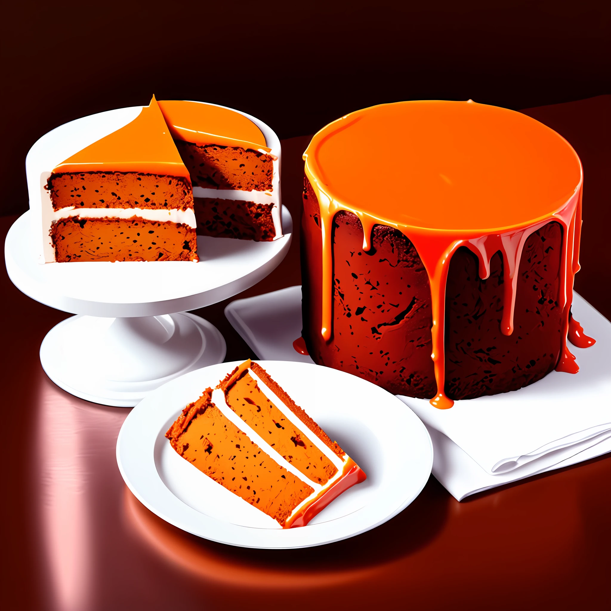 a whole carrot cake next to a piece of carrot cake sitting on top of a table, hyper realistic digital painting, colorful hyperrealism, amazing food illustration, a whole carrot cake next to a piece of blender carrot cake, amazing food photography, hyper realistic oil painting, hyper realistic color photo, ultra-realistic oil painting, realistic color photography, hyper realistic oil painting, hyper-realistic oil painting, beautiful 3d rendering, hyper-realistic digital painting