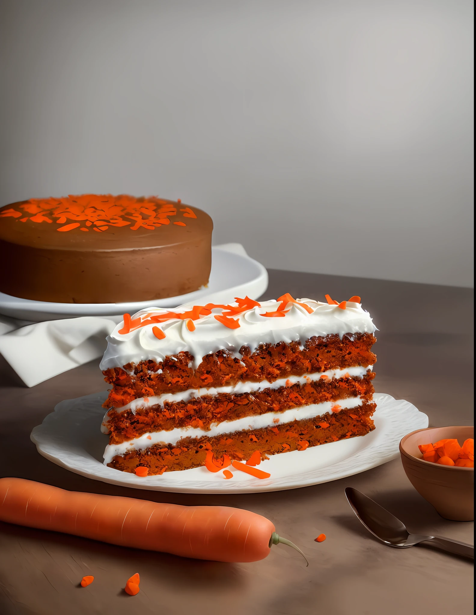 a whole carrot cake next to a piece of carrot cake sitting on top of a table, hyper realistic digital painting, colorful hyperrealism, amazing food illustration, a whole carrot cake next to a piece of blender carrot cake, amazing food photography, hyper realistic oil painting, hyper realistic color photo,  ultra-realistic oil painting, realistic color photography, hyper realistic oil painting, hyper-realistic oil painting, beautiful 3d rendering, hyper-realistic digital painting