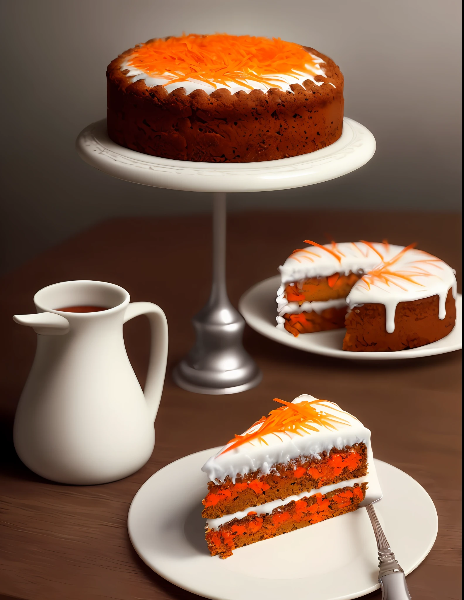 a whole carrot cake next to a piece of carrot cake sitting on top of a table, hyper realistic digital painting, colorful hyperrealism, amazing food illustration, a whole carrot cake next to a piece of blender carrot cake, amazing food photography, hyper realistic oil painting, hyper realistic color photo,  ultra-realistic oil painting, realistic color photography, hyper realistic oil painting, hyper-realistic oil painting, beautiful 3d rendering, hyper-realistic digital painting
