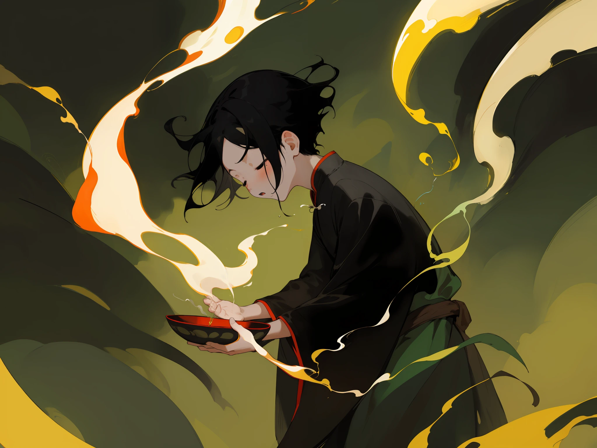 Masterpiece, high quality, male, , black hair and black eyes, oil painting, Q version, green background, Chinese children's clothing, half body, side face, burning incense, worship ancestors, light rain, closed eyes, serious expression