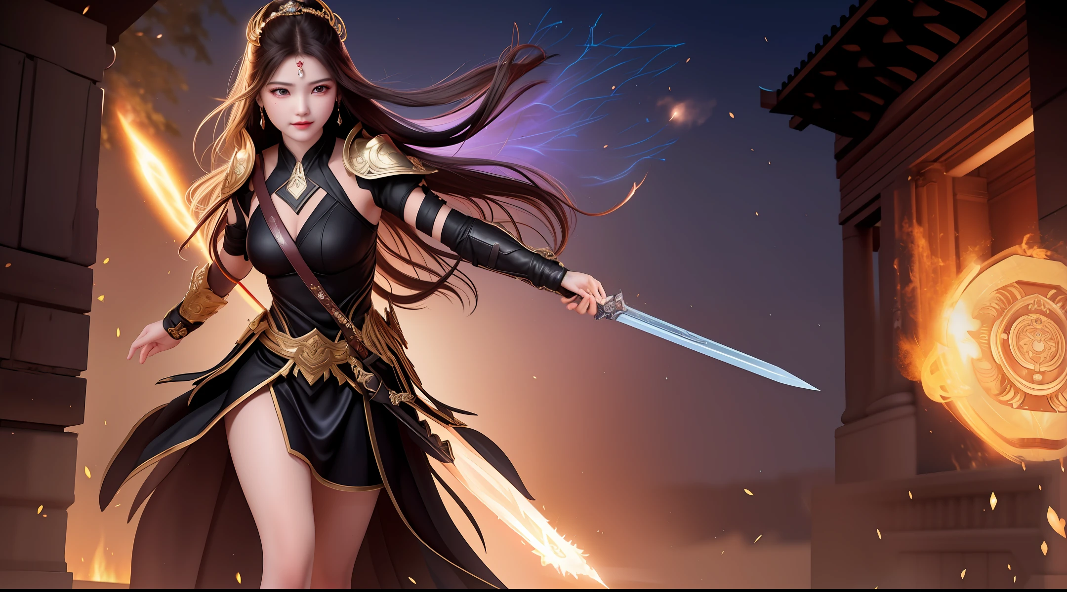 This image is indescribably beautiful, embodying the strength and boldness of a fearless warrior girl. Wearing black clothes that accentuate her elegance and reflect her inner strength, these clothes reflect her determination and strength in the face of challenges.
The girl wears glowing swords, which seem to have been brought from another world, however, she is vibrant with supernatural energy. The lights emanating from the swords shimmer like flames of courage and determination that burn all the obstacles in front of them.
The girl looks with eyes burning with determination and determination, her eyes turn to the eyes of legendary warriors who fight their battles on the eternal pages of history. Her facial expressions reflect her courage and great self-confidence, with a subtle smile that reflects a bitter experience but also a symbol of hope and solid will.
With each step, the girl spreads an influential energy that pervades the place, as if sending a message to the world that she will never back down and never give up. The fragrance of strength and enthusiasm flies through the air with every move, making everyone feel respected and admired for this wonderful character.
In this photo, the camera captures the defining moment, as the warrior girl prepares to fight and cross her limits, expressing the supernatural power she carries inside her. In a moving silence, true beauty is manifested.