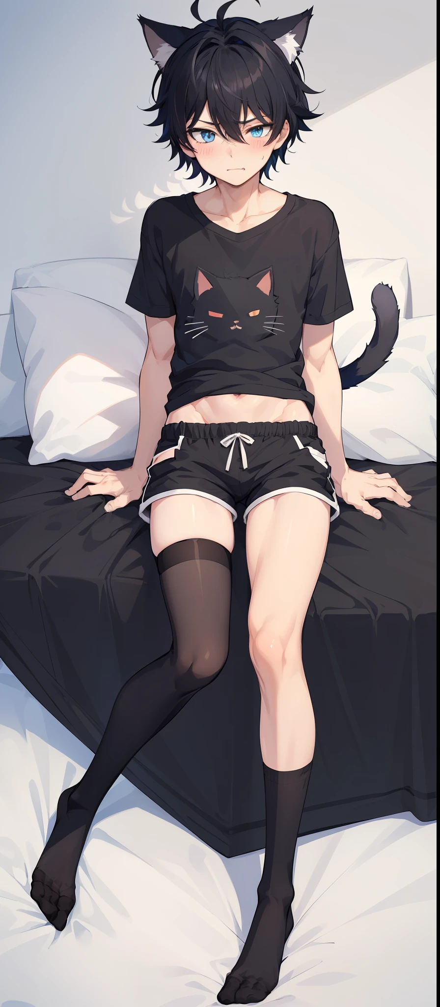 cat ears, ((1boy)), blue eyes, black hair, big short fluffy messy hair, cat tail, vibrant, HD, black shirt, black booty shorts, accurate hands, black thigh socks, smug, toned abs, no shoes, accurate legs, blush, drunk, half open eyes, (masterpiece), (HD)