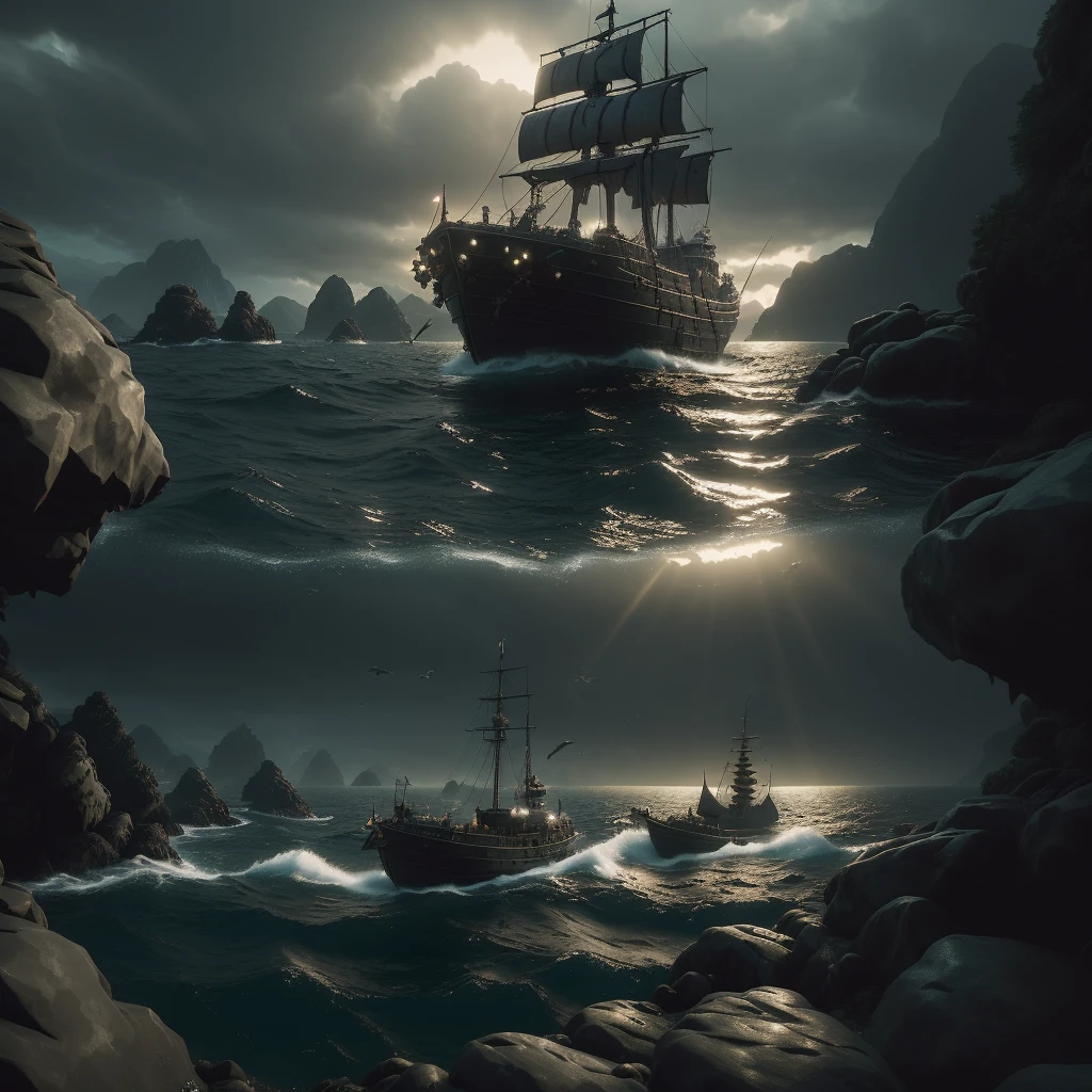 (highly detailed:1.2),(best quality:1.2),(8k:1.0),(emb-rrf-low:1.0),sharp focus,(award-winning photograph:1.2), (subsurface scattering:1.1), there is a boat sailing in the water near a rocky shore, sea of thieves style, adventure hyper realistic render, one ship, solo ship