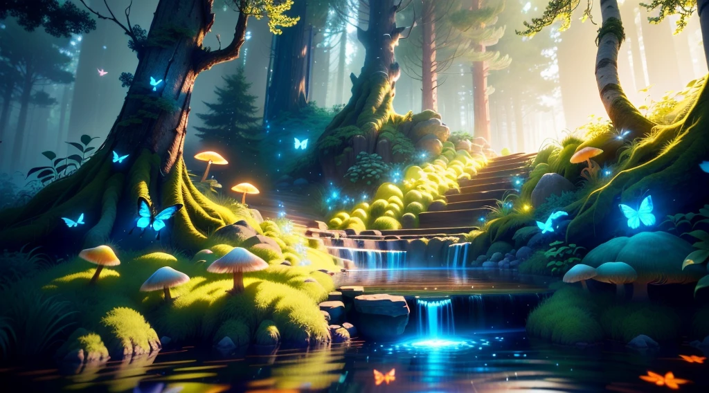 Masterpiece, best quality, (very detailed CG unity 8k wallpapers), (best quality), (best illustrations), (best shadows), forest theme with natural elements. Tall trees, quiet streams, glowing little mushrooms, surrounded by delicate leaves and branches, with fireflies and glowing particle effects,, (natural elements), (jungle theme), (leaves), (branches), ( fireflies), butterflies, (delicate leaves), (glow), (particle effects). , isometric 3D, Octane rendering, ray tracing, super detailed